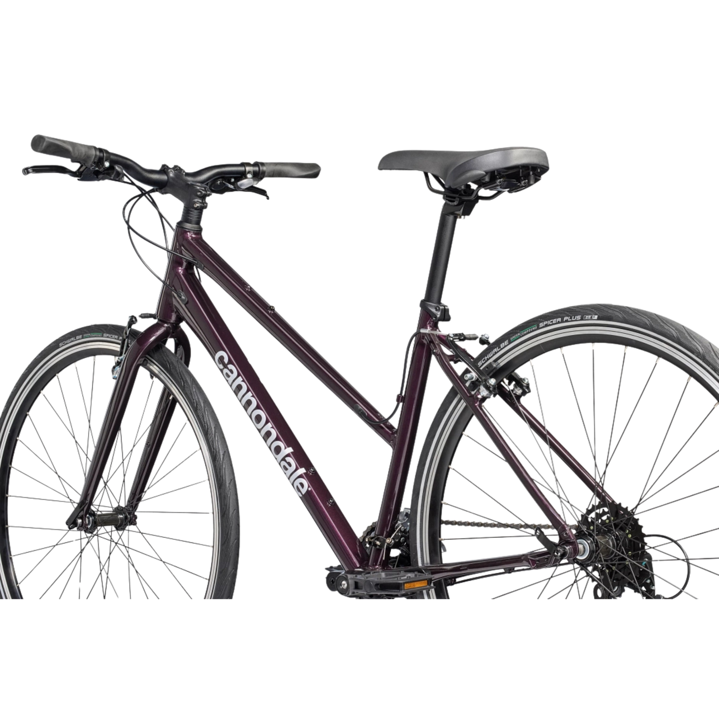 Cannondale Quick 4 StepThru Royal Purple hybrid bike side view from rear left side of bike