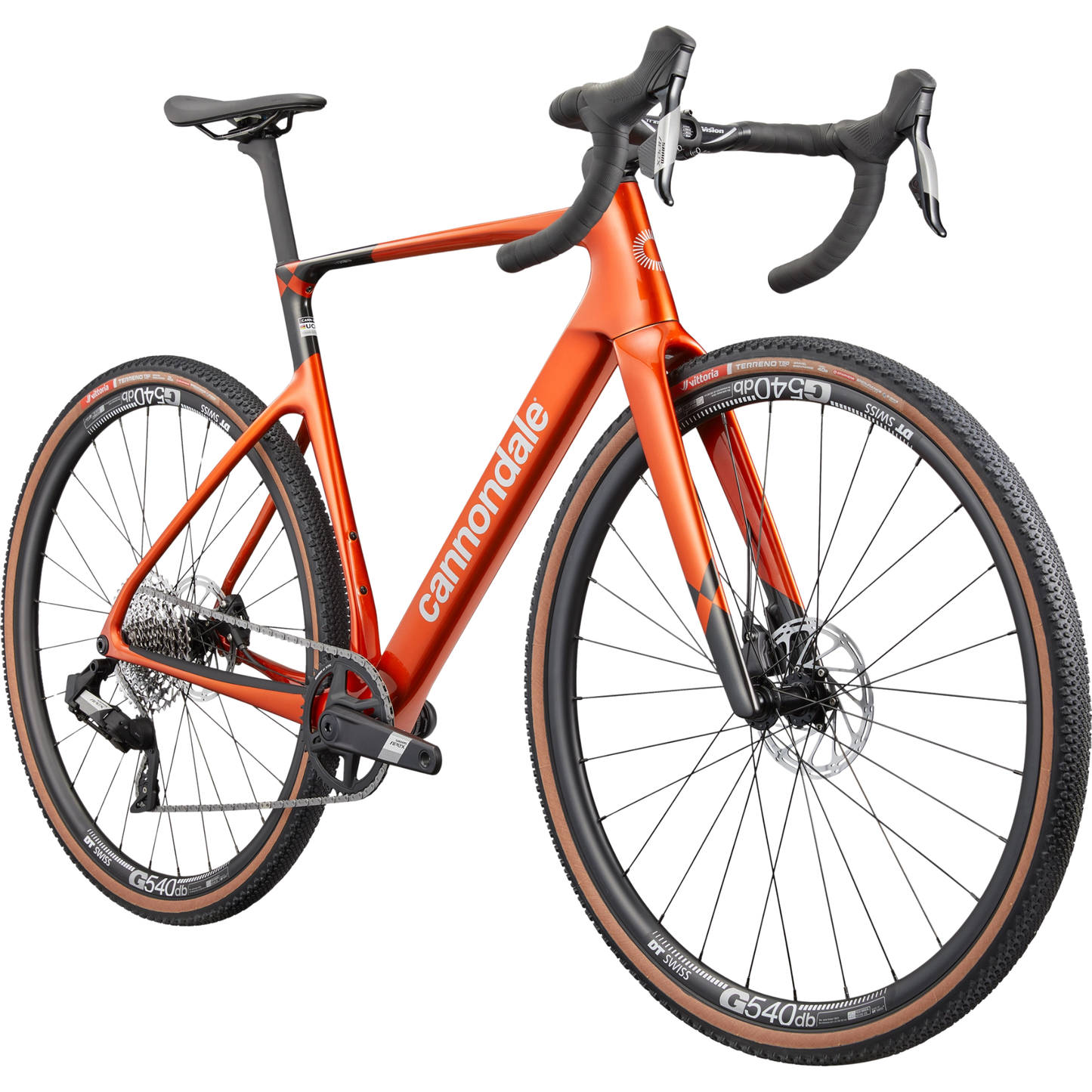 Cannondale SuperX 4 AXS carbon gravel bike fire orange colour, angle profile on white background