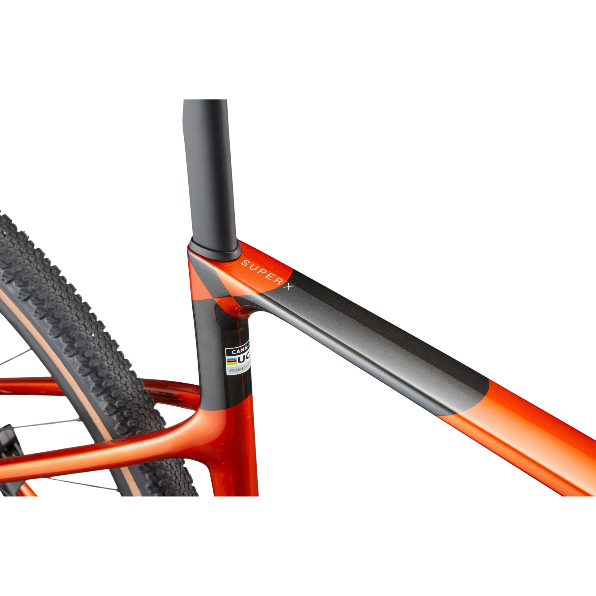 Cannondale SuperX 4 AXS Fire Orange carbon gravel bike seatpost detail.