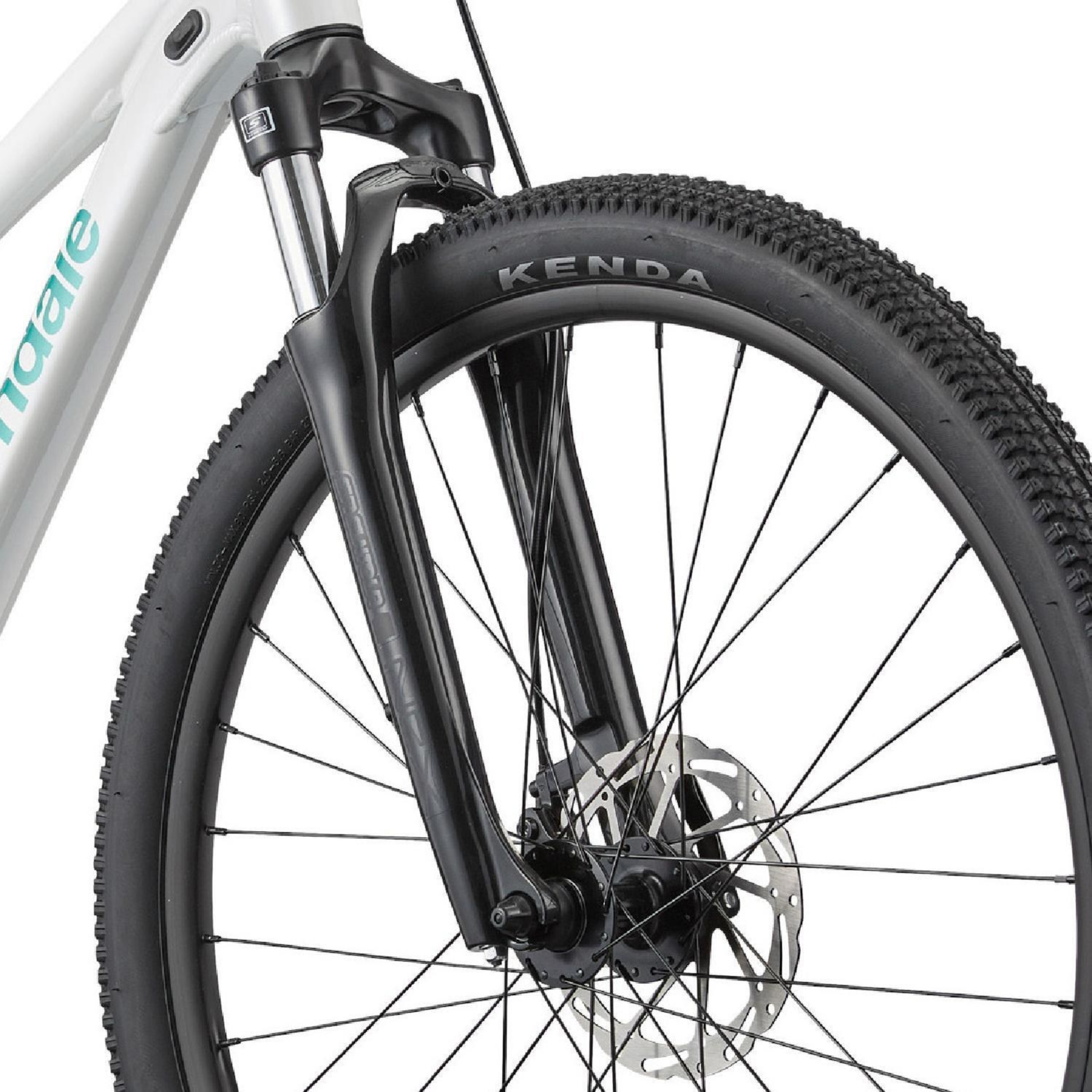 Cannondale Trail Kids 26 front wheel plus suspension close up view