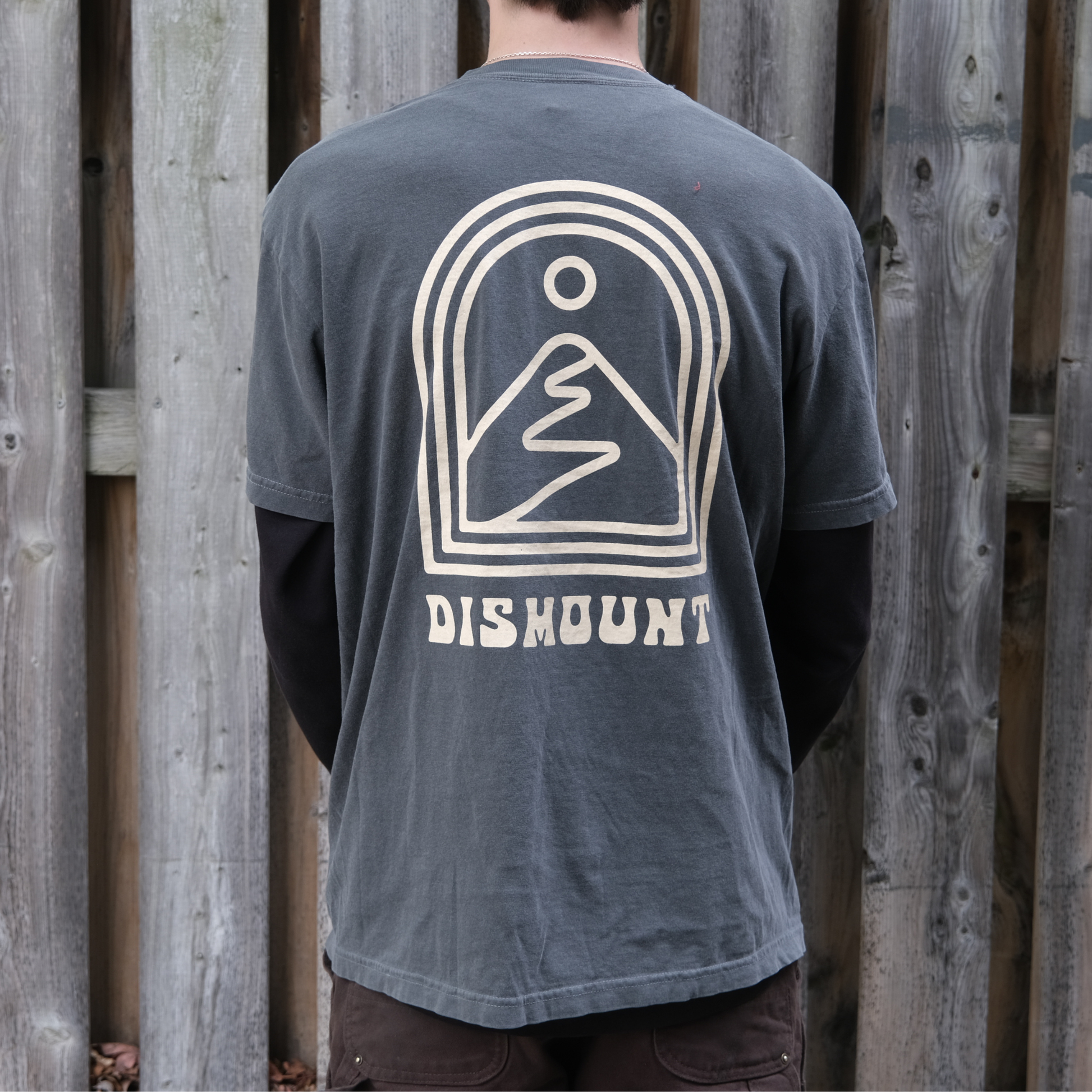 Dismount Mountain T-Shirt printed on the Comfort Colors 1717 Heavyweight Tee in Pepper, artwork on back of shirt.