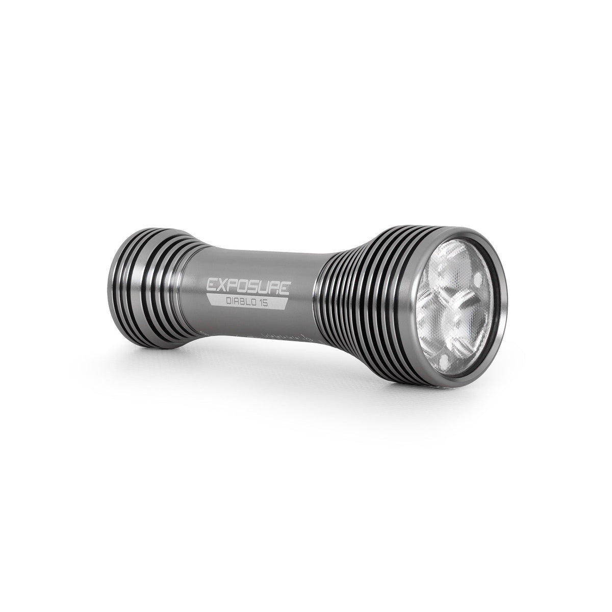 Exposure Lights Diablo 15 rechargeable 2000-lumen bicycle helmet light with gunmetal grey CNC-machined aluminium body and adjustable action camera-compatible helmet mount.