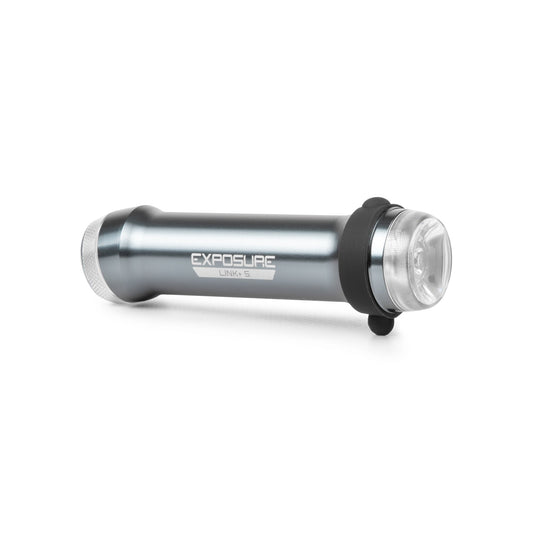Exposure Lights Link Plus 5 combined front and rear bicycle helmet light with adjustable quick-release mounting bracket and compact aluminium body.