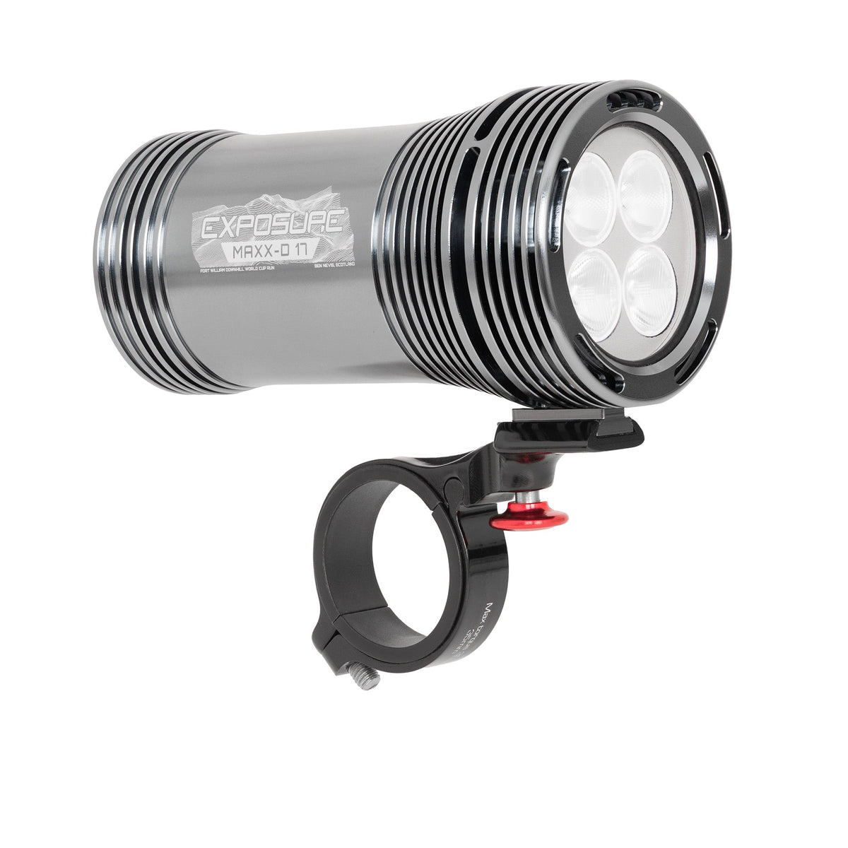 Exposure Lights MaXx-D 17 rechargeable front bicycle light with gunmetal grey CNC-machined aluminium body, 4850-lumen REFLEX output and colour OLED display.