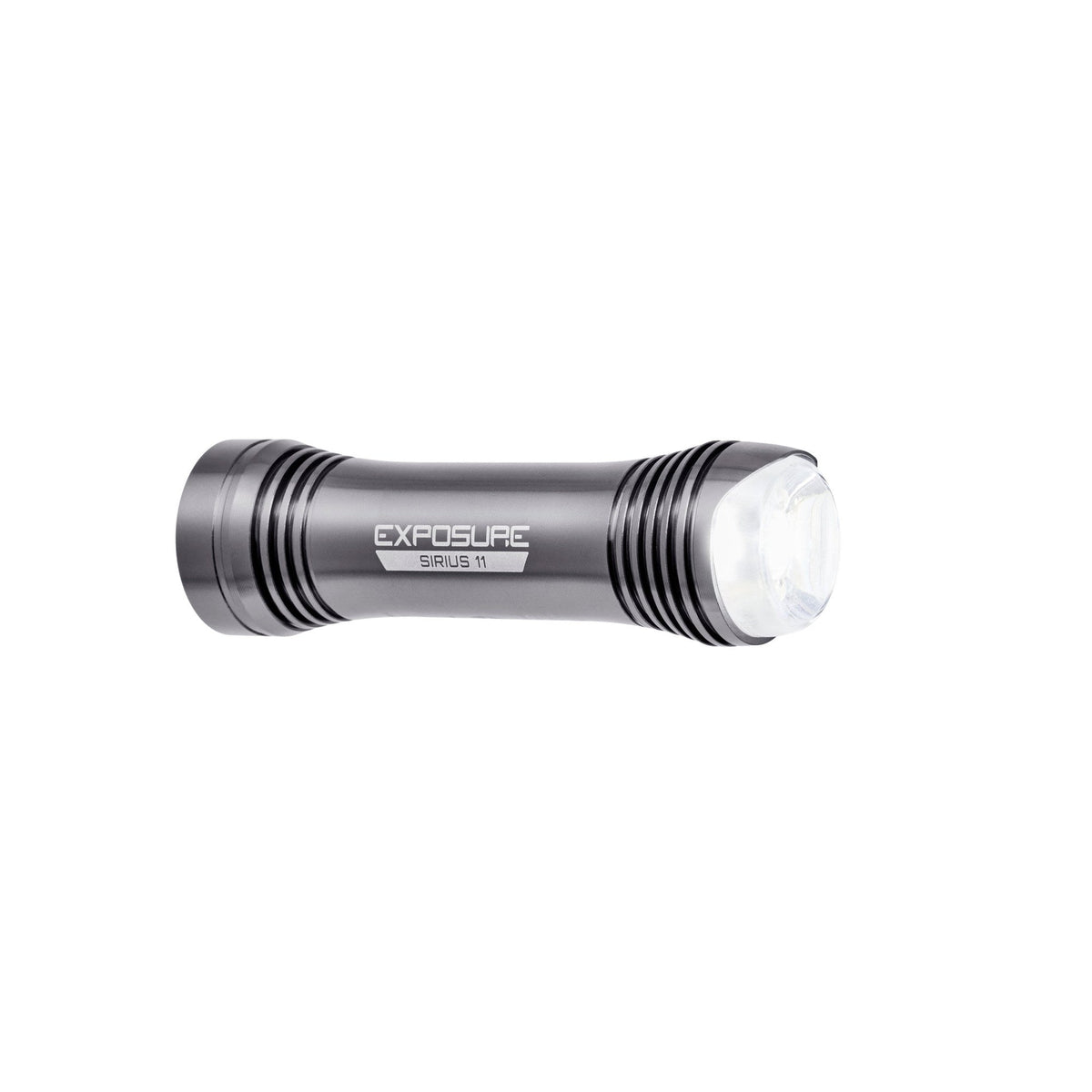 Exposure Lights Sirius 11 rechargeable front bicycle light with gunmetal grey CNC-machined aluminium body, 1300-lumen output and USB-C charging.