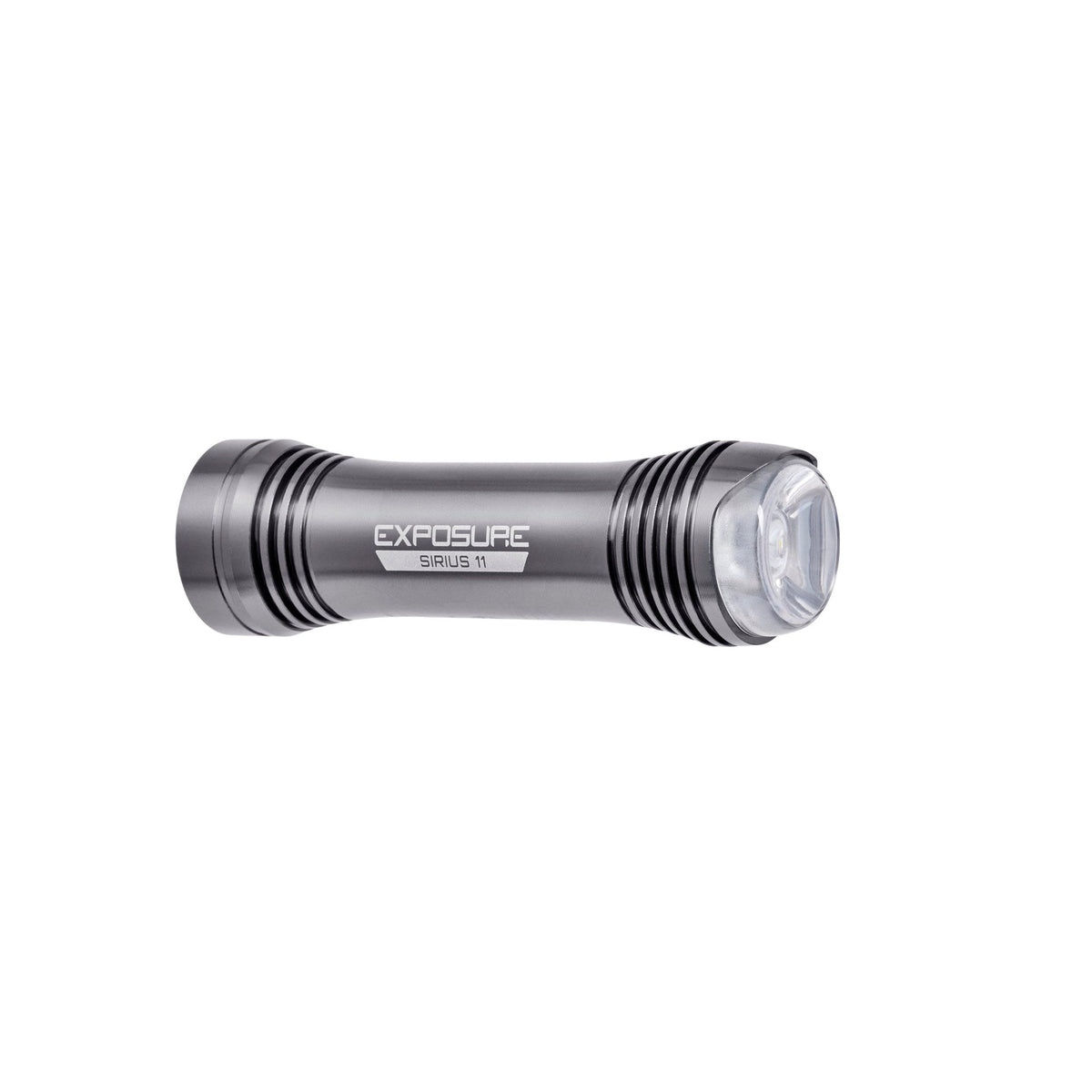 Exposure Lights Sirius 11 rechargeable front bicycle light with gunmetal grey CNC-machined aluminium body, 1300-lumen output and USB-C charging.
