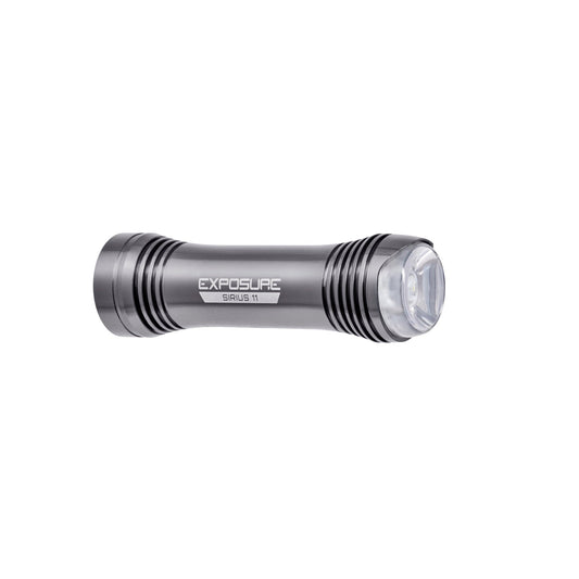 Exposure Lights Sirius 11 rechargeable front bicycle light with gunmetal grey CNC-machined aluminium body, 1300-lumen output and USB-C charging.