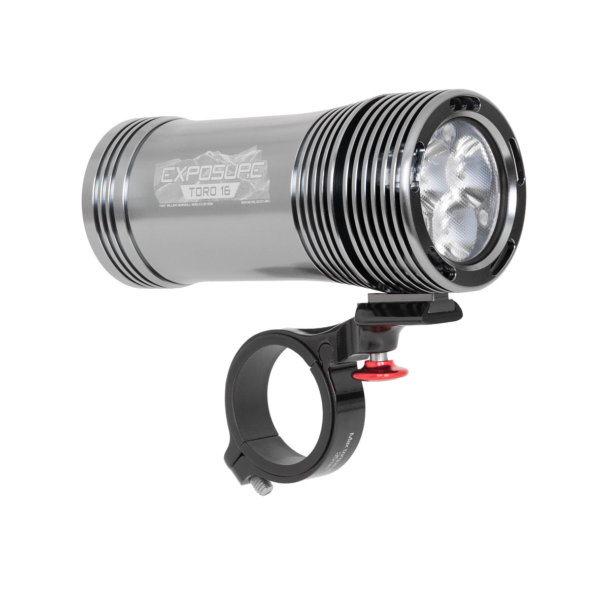 Exposure Lights Toro 16 rechargeable front bicycle light with gunmetal grey CNC-machined aluminium body, 3850-lumen output, colour OLED display and REFLEX 2.0 technology.