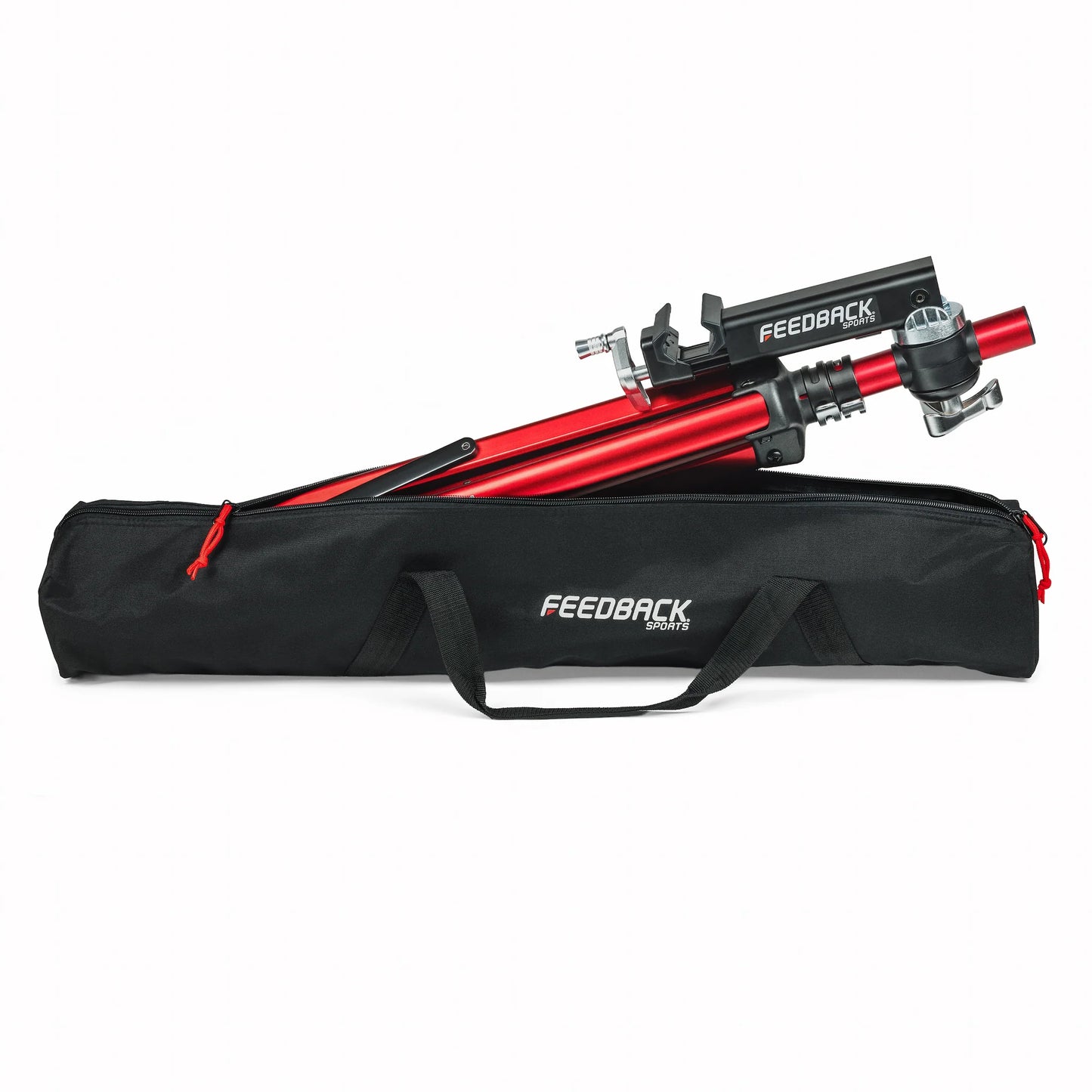 Feedback Sports Pro Ultralight bike repair stand folded and being introduced inside the porter bag