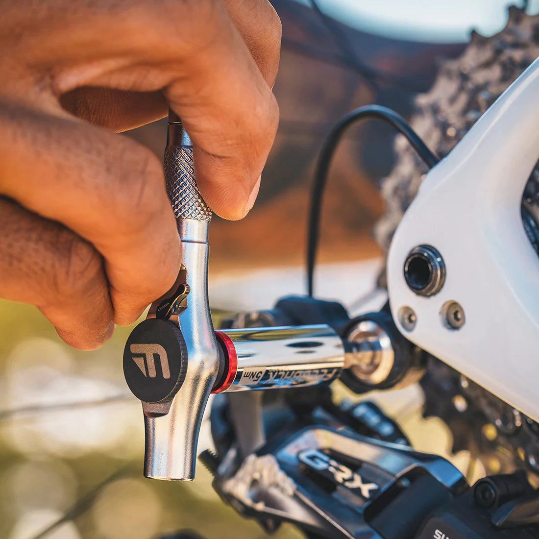 Feedback Sports mini ratchet torque tool with a 6mm allen bit in use