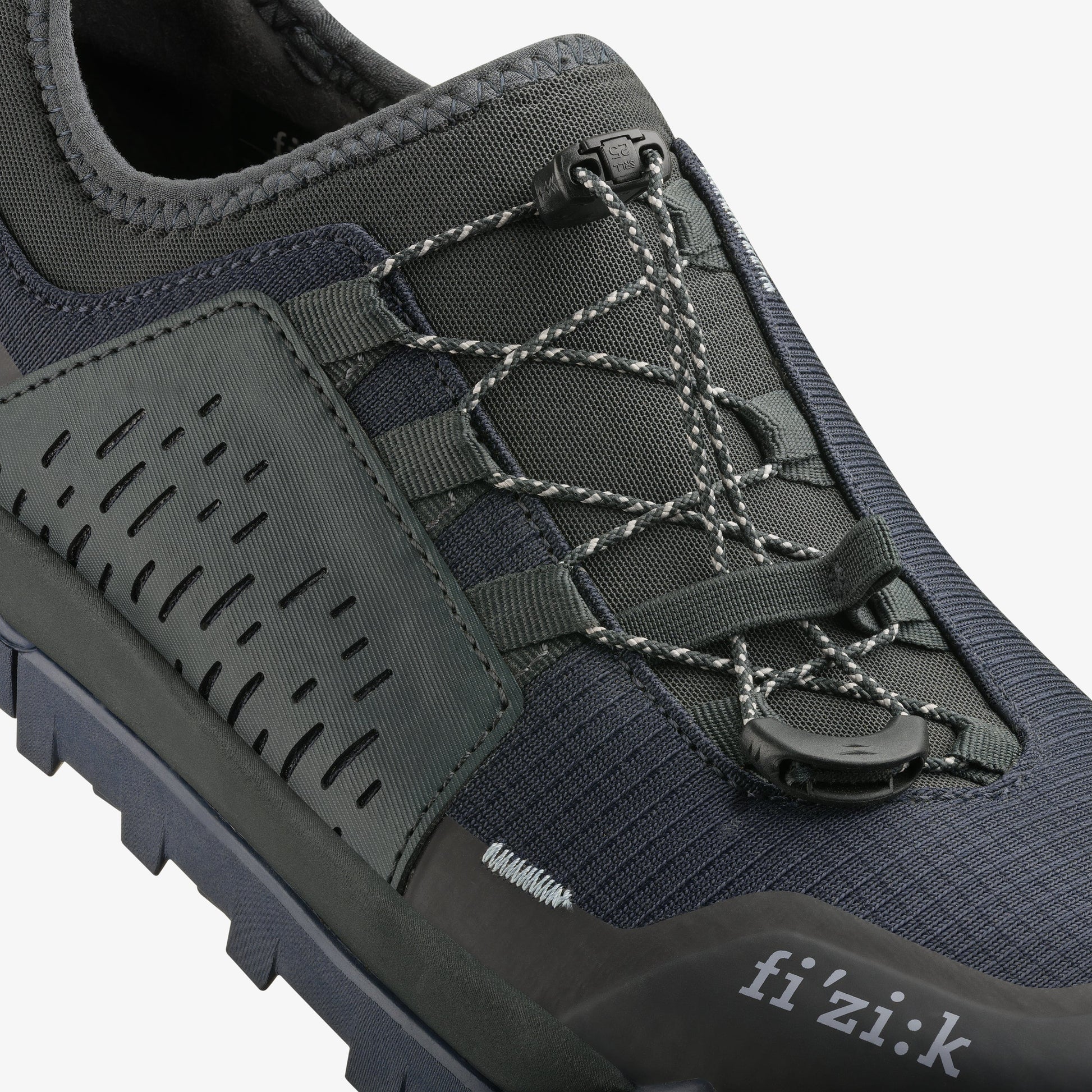Fizik Ergolace 2 clipless off road cycling shoe dark blue lace top close up view