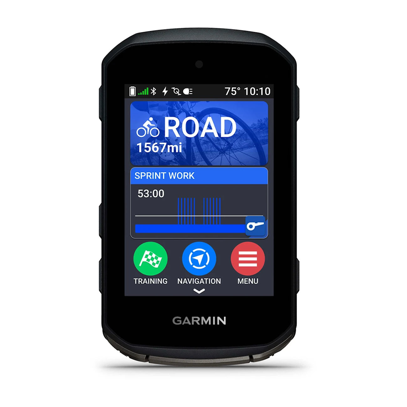 Garmin Edge 850 GPS cycling computer with colour touchscreen training mode screen front view