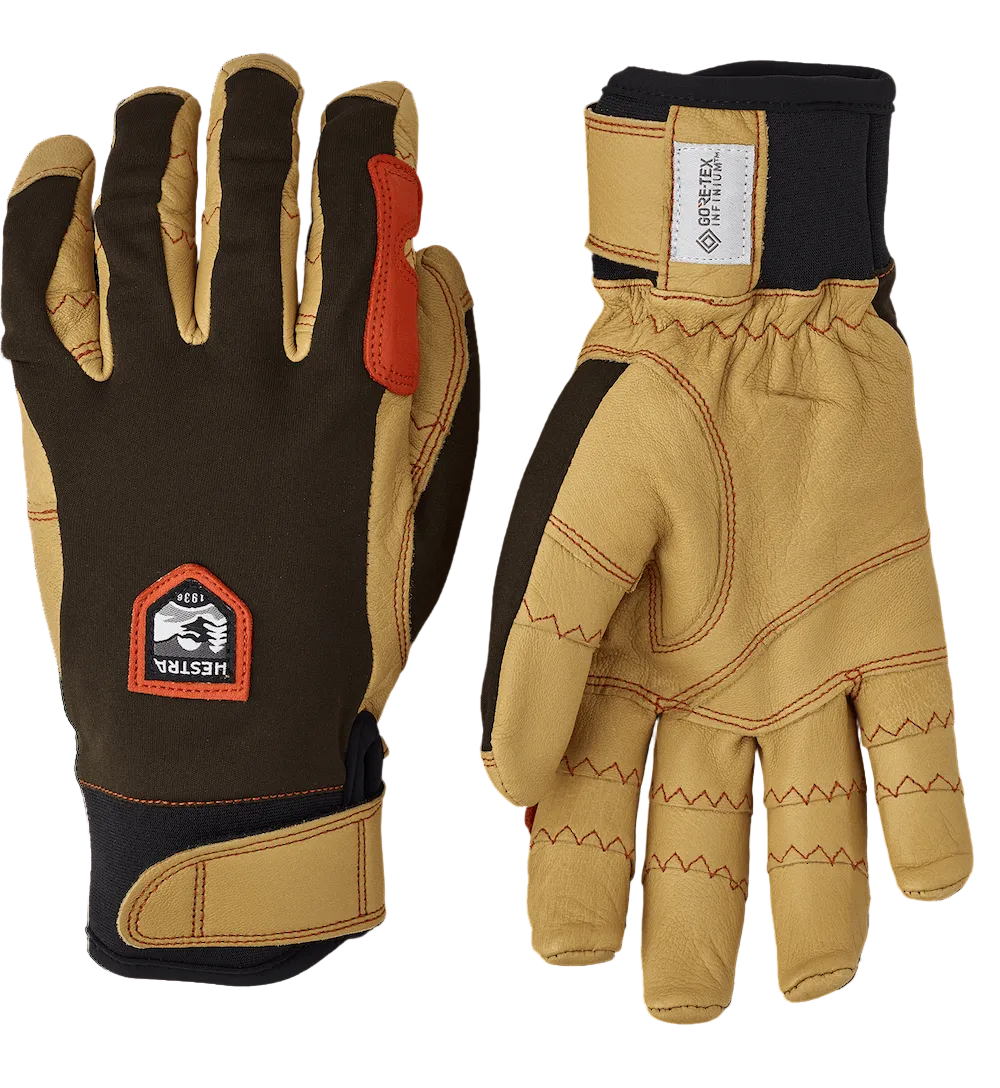 Hestra Ergo Grip Active 5-Finger windproof outdoor cycling gloves with goatskin leather palms, breathable stretch fabric, and adjustable cuffs.