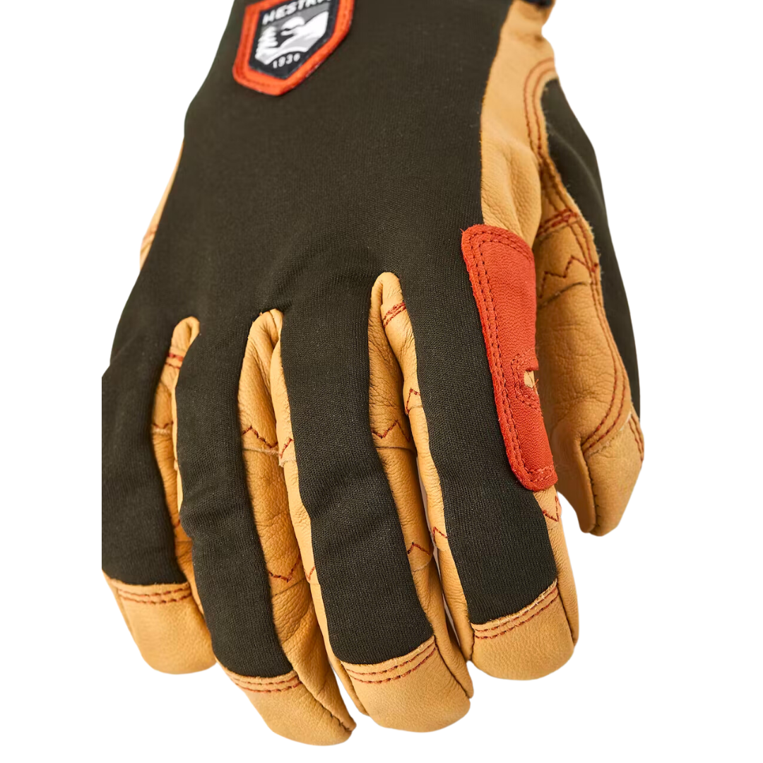 Hestra Ergo Grip Active 5-Finger windproof outdoor cycling gloves with goatskin leather palms, breathable stretch fabric, and adjustable cuffs.