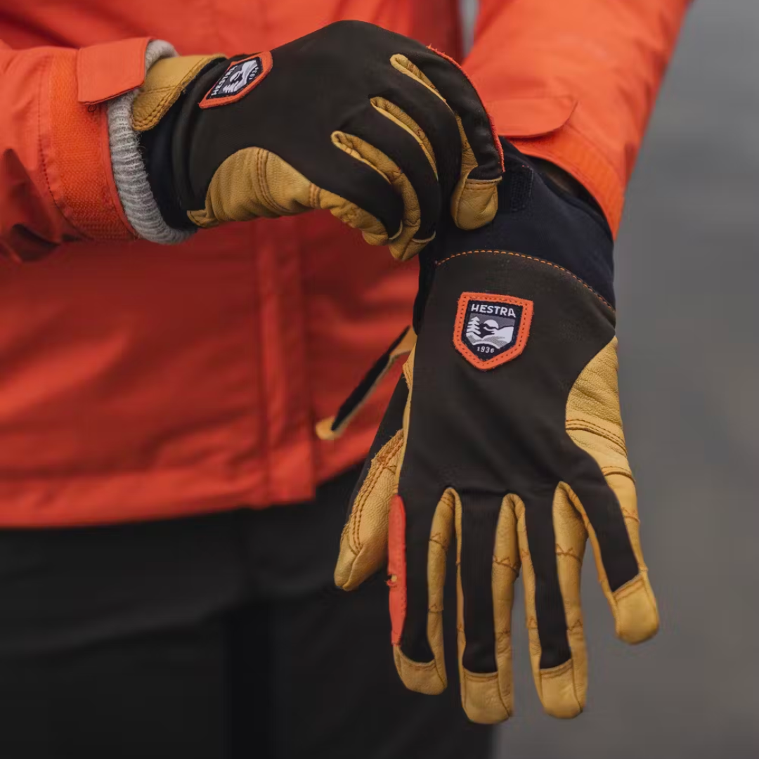 Hestra Ergo Grip Active 5-Finger windproof outdoor cycling gloves with goatskin leather palms, breathable stretch fabric, and adjustable cuffs.