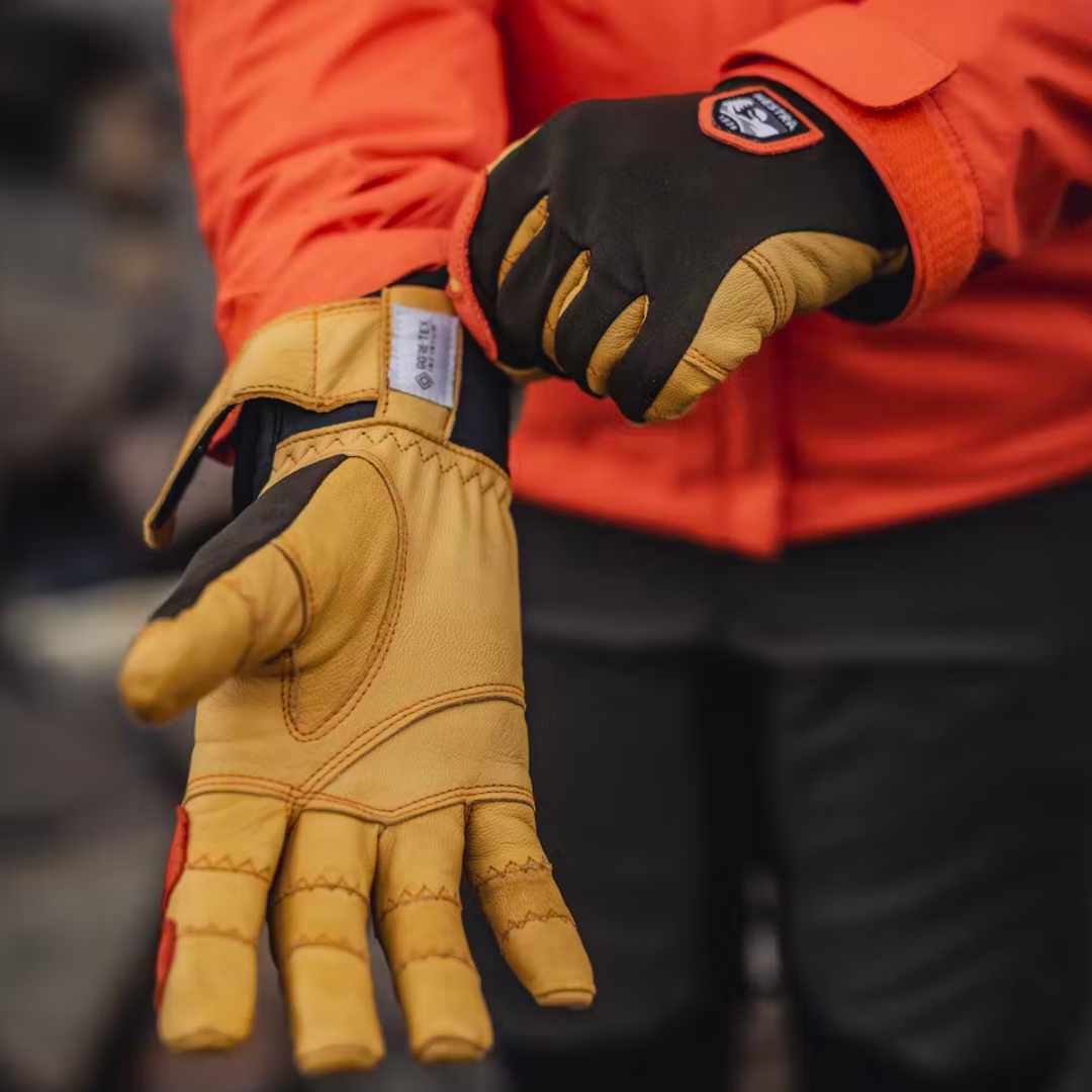 Hestra Ergo Grip Active 5-Finger windproof outdoor cycling gloves with goatskin leather palms, breathable stretch fabric, and adjustable cuffs.