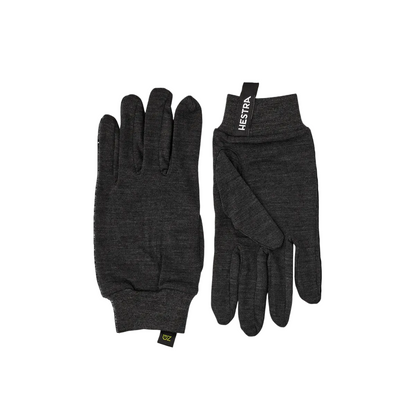 Hestra Merino Wool Liner Active 5-Finger gloves in Charcoal, lightweight merino wool blend glove liners for winter cycling and outdoor activities.