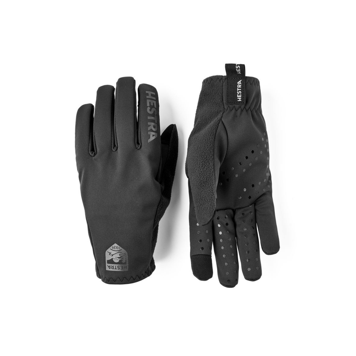 Hestra Runners 5-Finger lightweight windproof cycling and running gloves in Black with grippy palms and touchscreen-compatible fingertips.