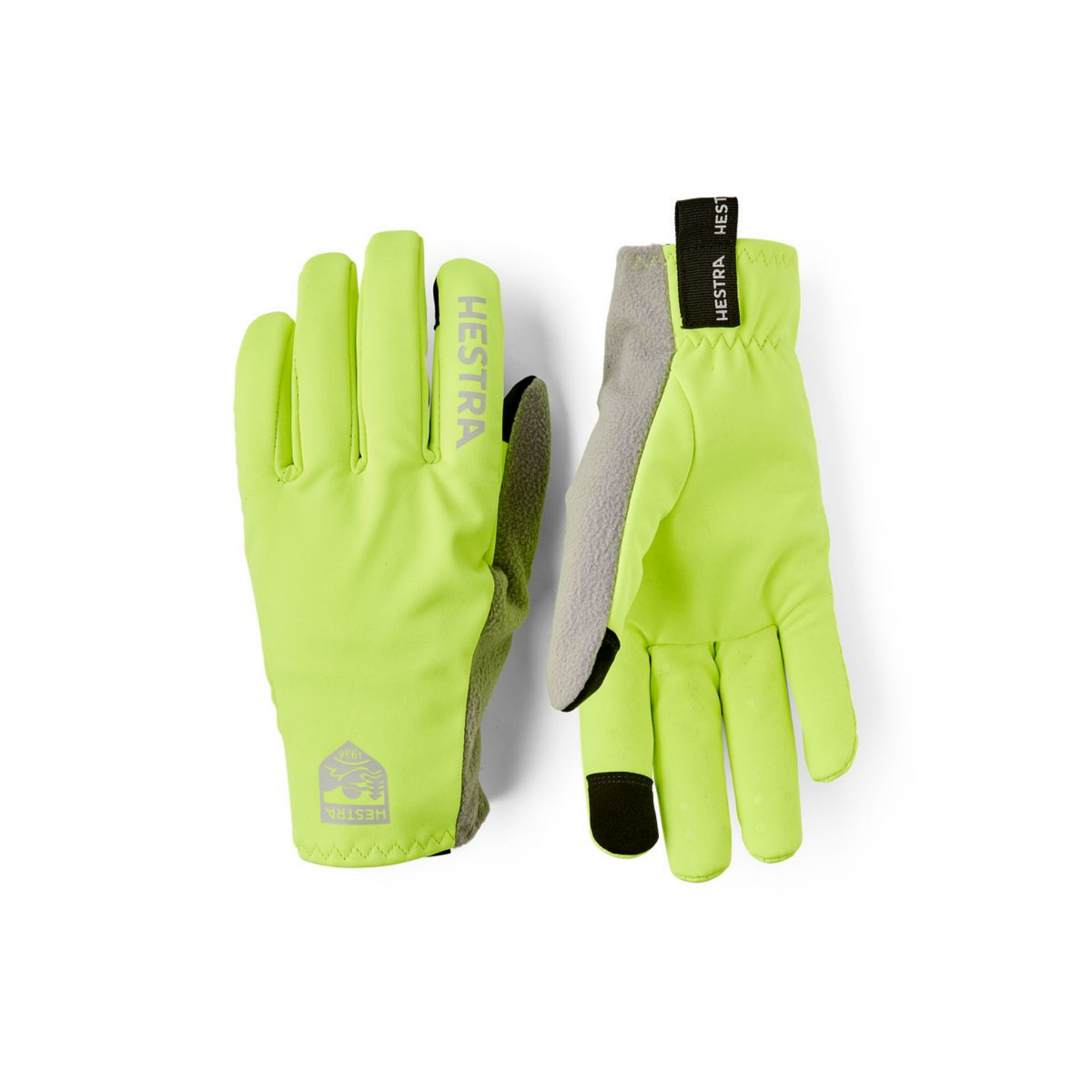 Hestra Runners 5-Finger lightweight windproof cycling and running gloves in High-Vis Yellow with reflective details and touchscreen-compatible fingertips.