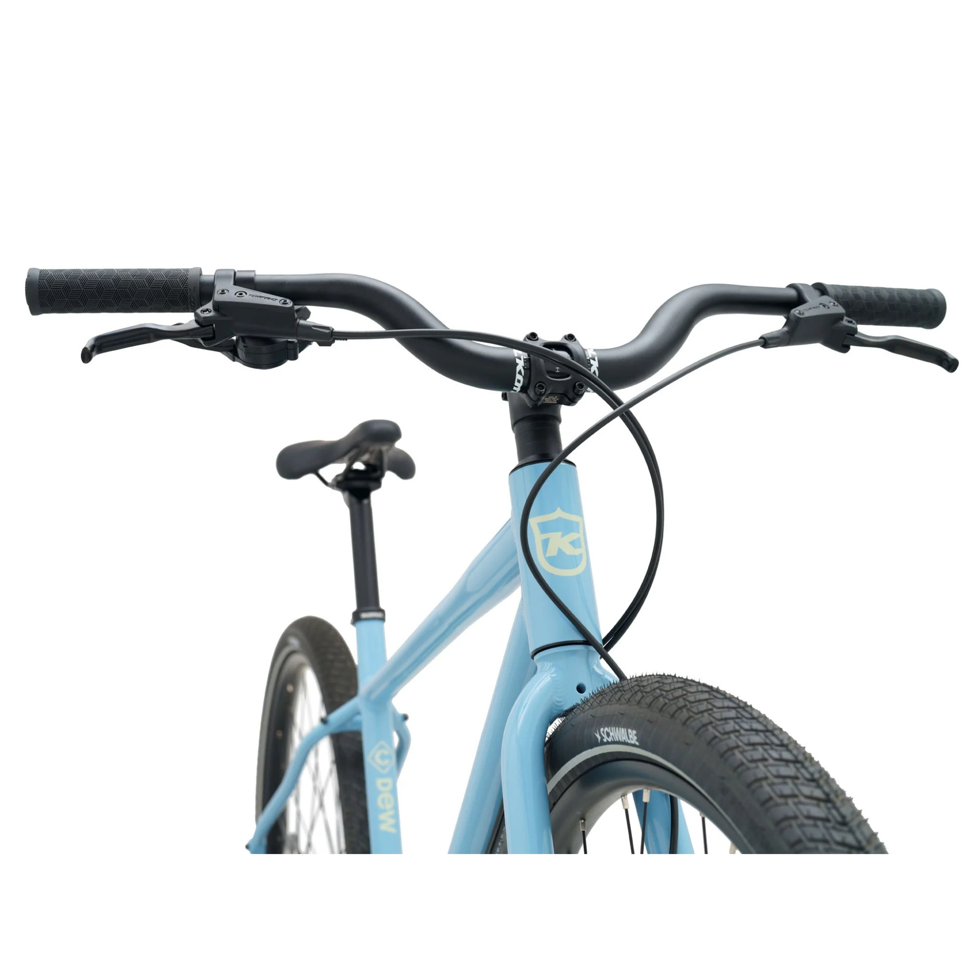 Kona Dew in Gloss Niagra with Laurel Decals handlebar front view