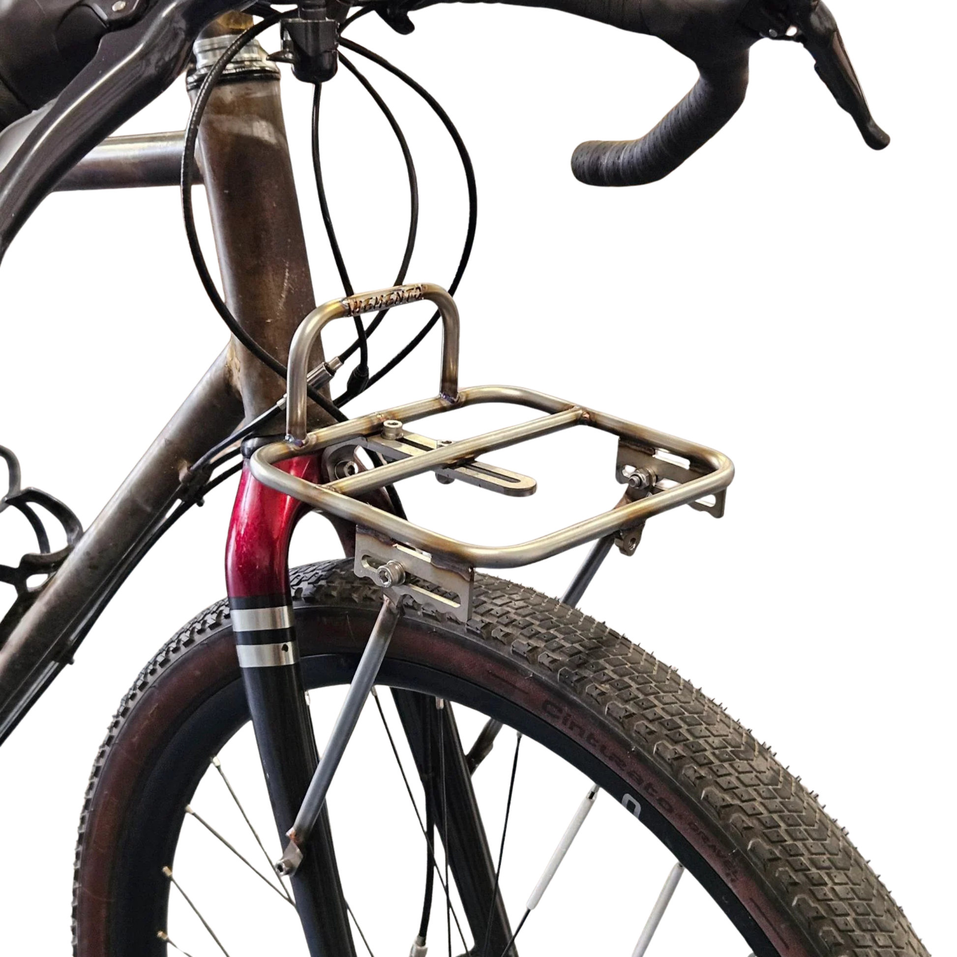 Memento Ant Rack V5 stainless installed on a bike front right side view