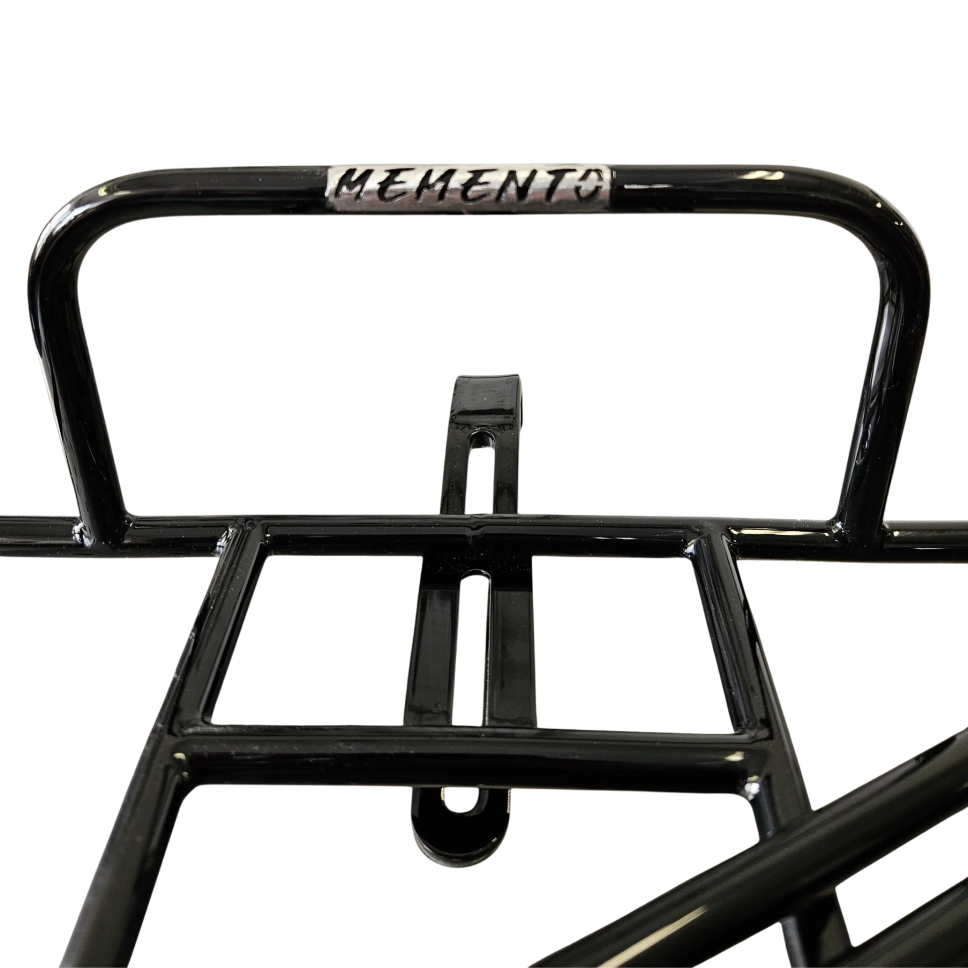 Atlas V5 rack black mounted on a bike logo closeup view