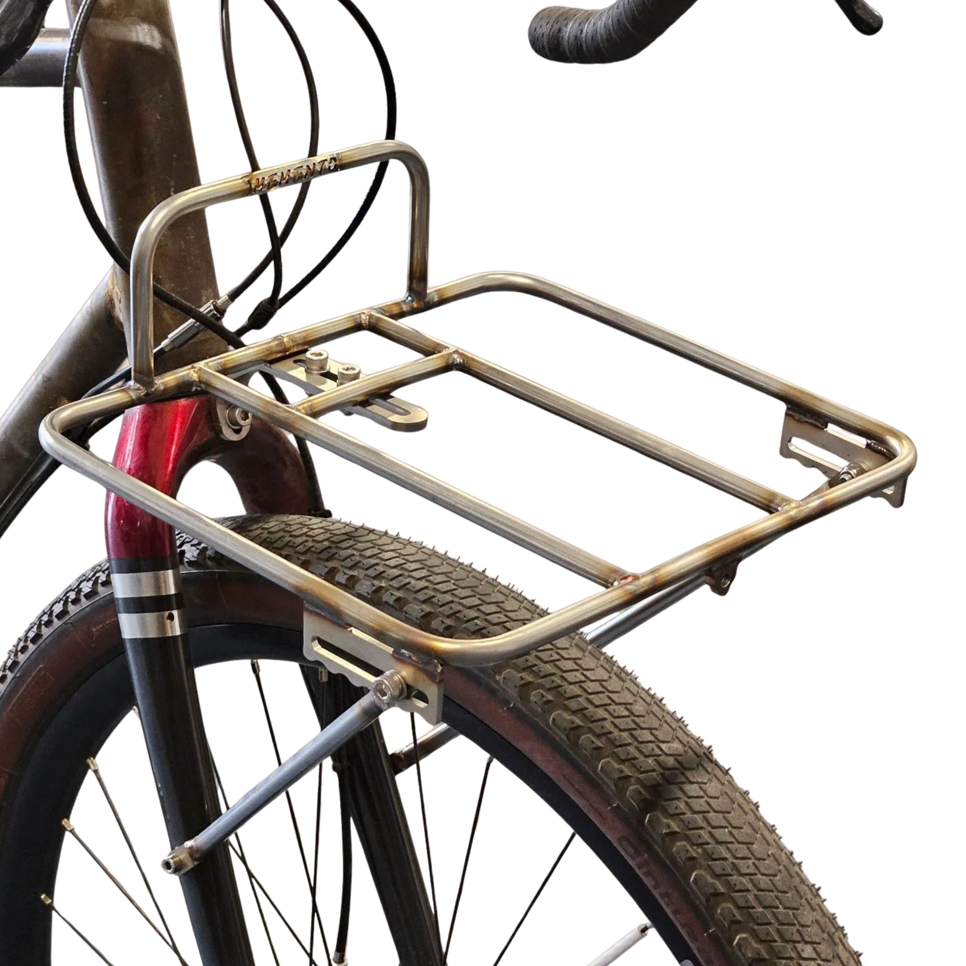 Atlas V5 rack stainless mounted on a bike front top right view