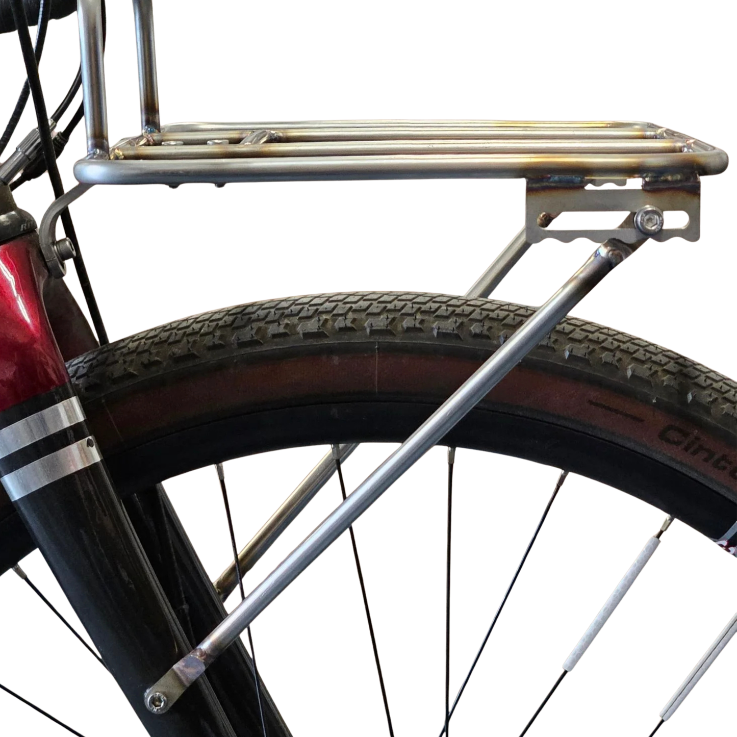 Atlas V5 rack stainless right side view mounted on a bike