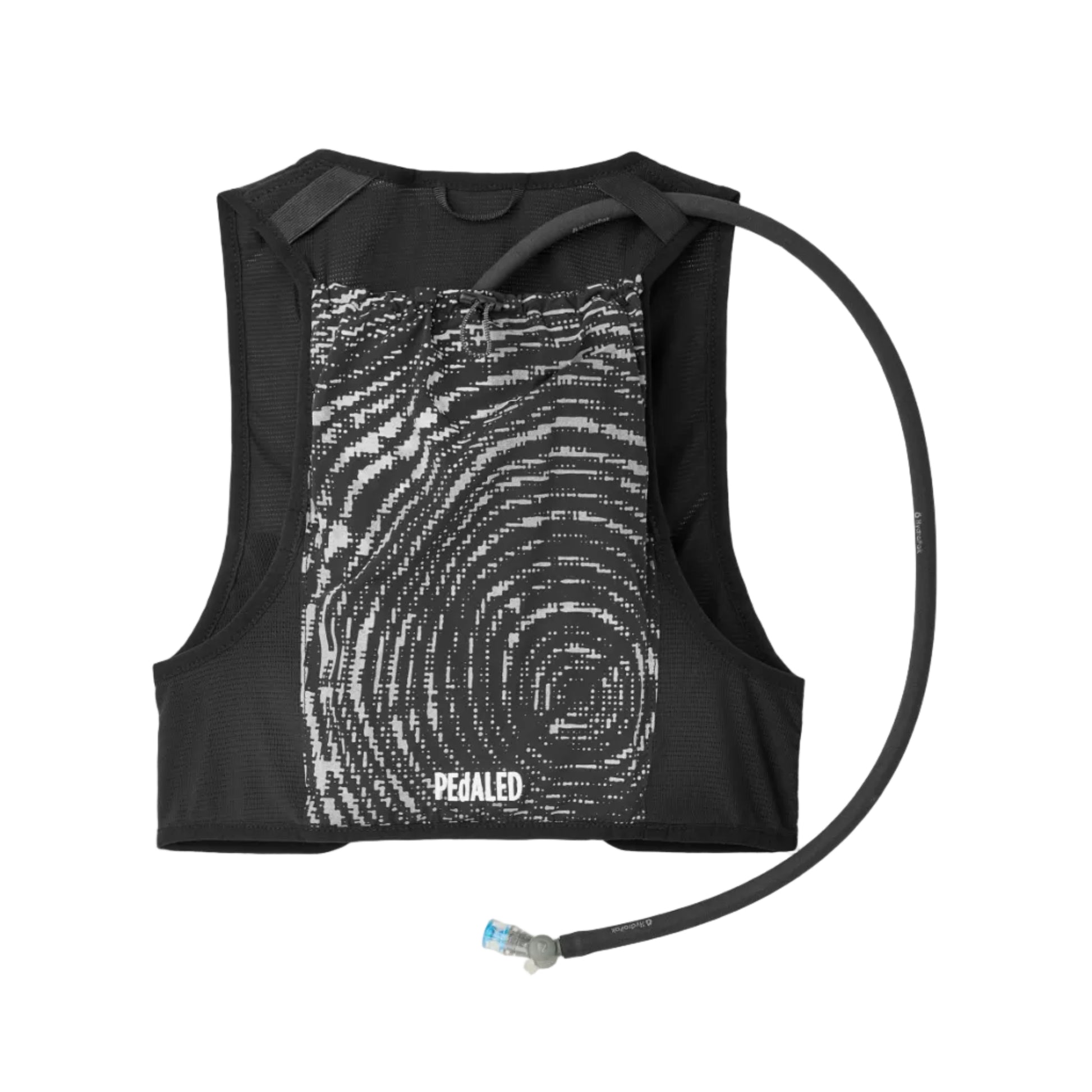 pedaled Black hydration vest with a patterned back panel on a light gray background