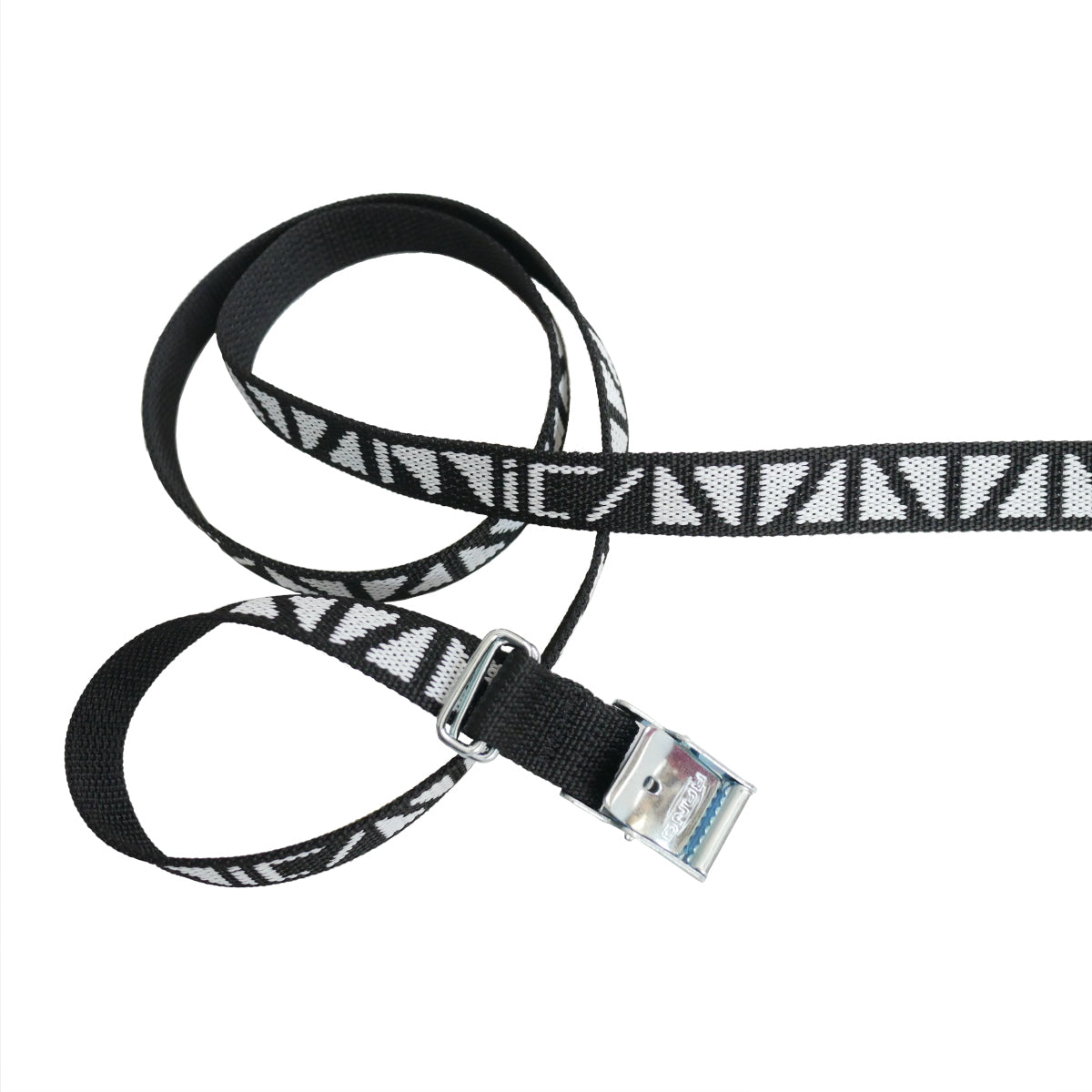 Mica Cycles Mini Cam Strap with ARNO plated steel cam buckle, custom polypropylene webbing and double-ring rack retention loops.