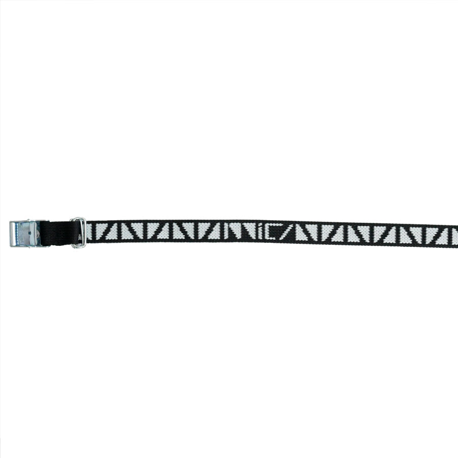 Mica Cycles Mini Cam Strap with ARNO plated steel cam buckle, custom polypropylene webbing and double-ring rack retention loops.