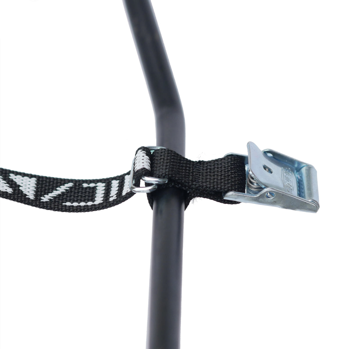 Mica Cycles Mini Cam Strap with ARNO plated steel cam buckle, custom polypropylene webbing and double-ring rack retention loops.