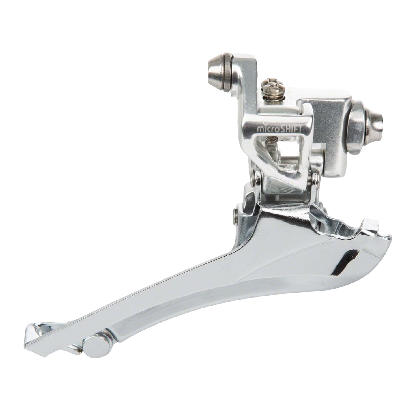 Close-up of microSHIFT R10 front derailleur cold-forged aluminum body