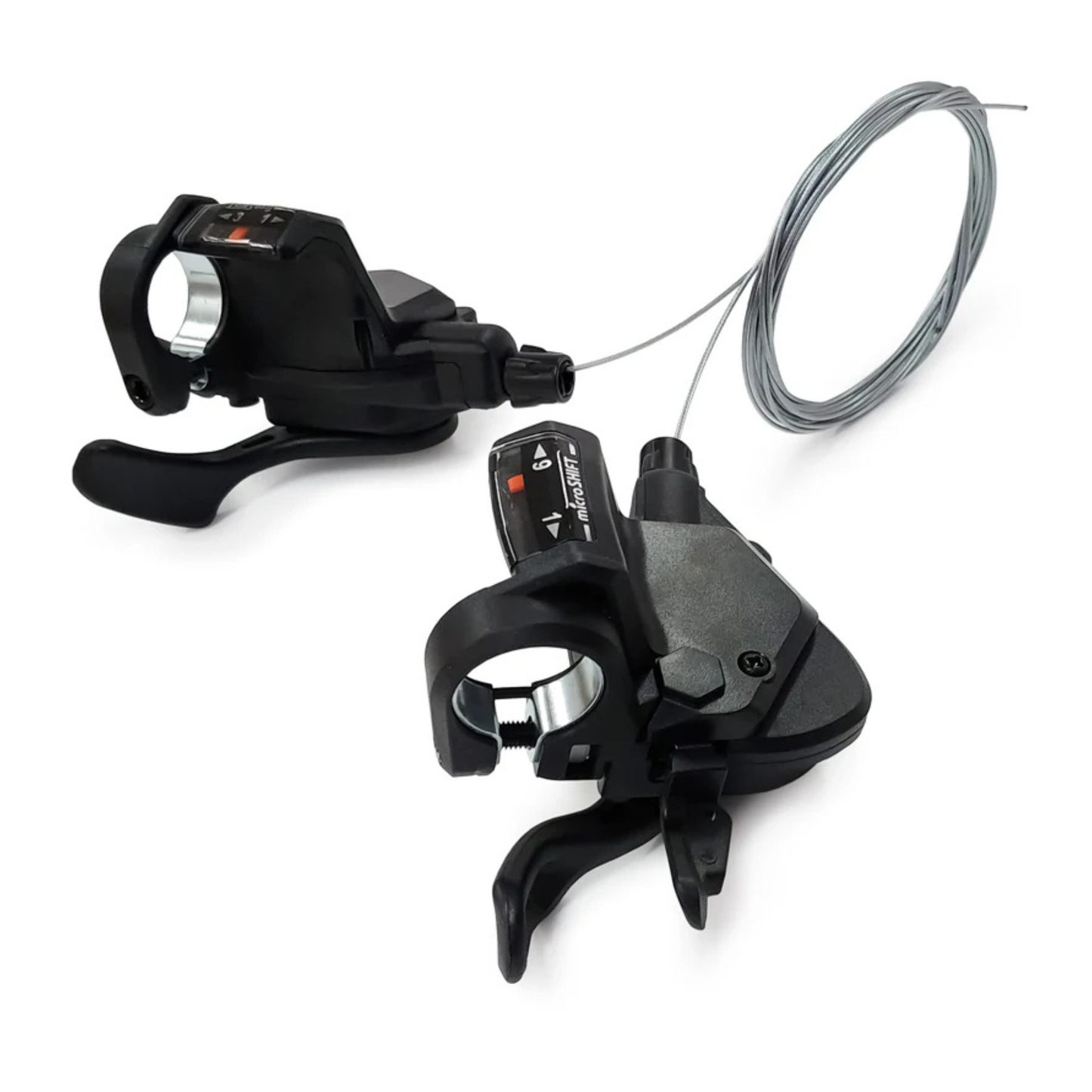 Close-up of microSHIFT 9-speed shifters black with cables