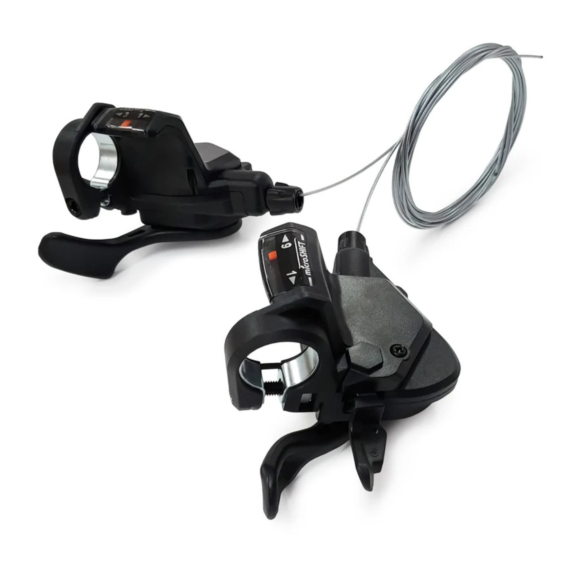 Close-up of microSHIFT 9-speed shifters black with cables
