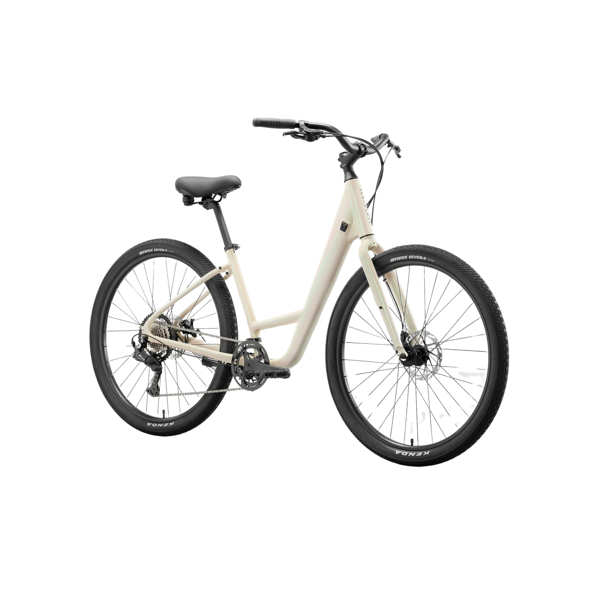 Norco Scene 2 step-through bike angled side view in unicorn fluff colour