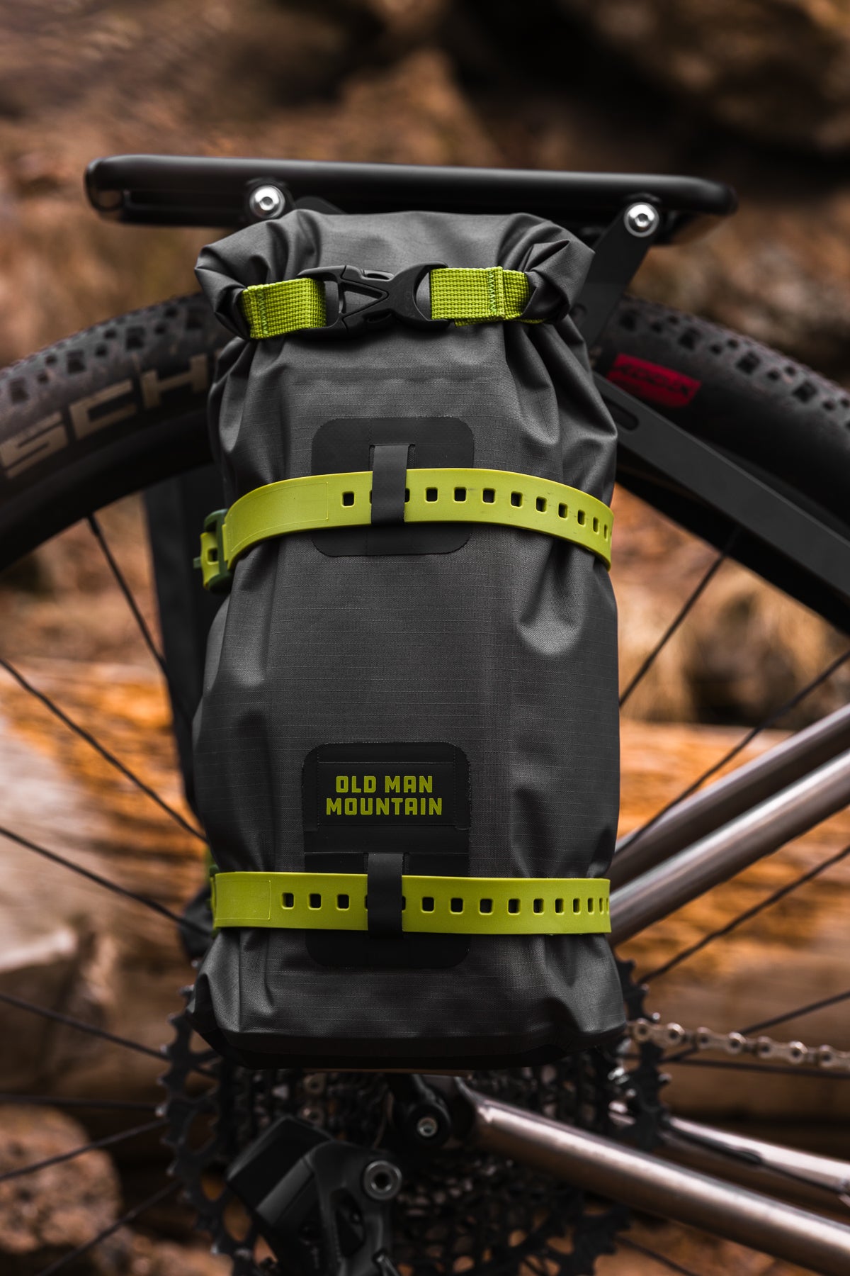 Old Man Mountain 5L dry bag mounted on bike
