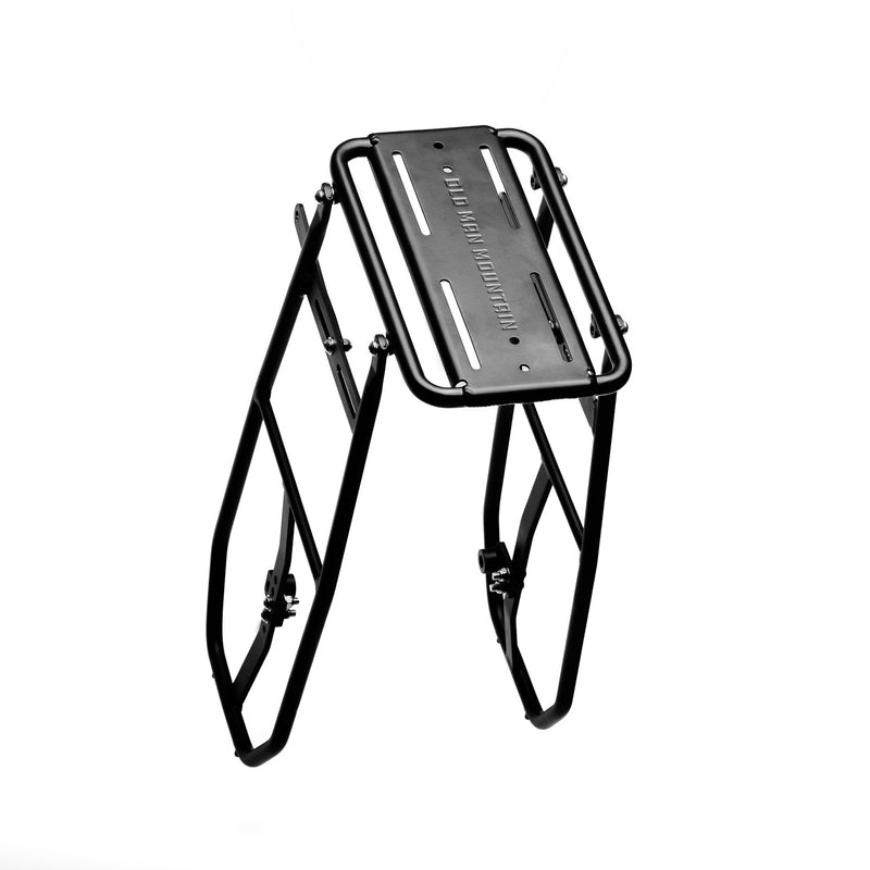 Old Man Mountain Impala Lowrider front bicycle rack with extra-low pannier rails, aluminum cargo deck and adjustable fit for wheels up to 29". Designed for bikepacking, adventures and cargo.