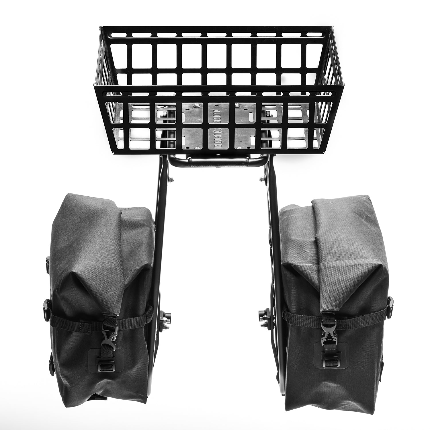 Old Man Mountain Impala Lowrider front bicycle rack with extra-low pannier rails, aluminum cargo deck and adjustable fit for wheels up to 29". Designed for bikepacking, adventures and cargo.