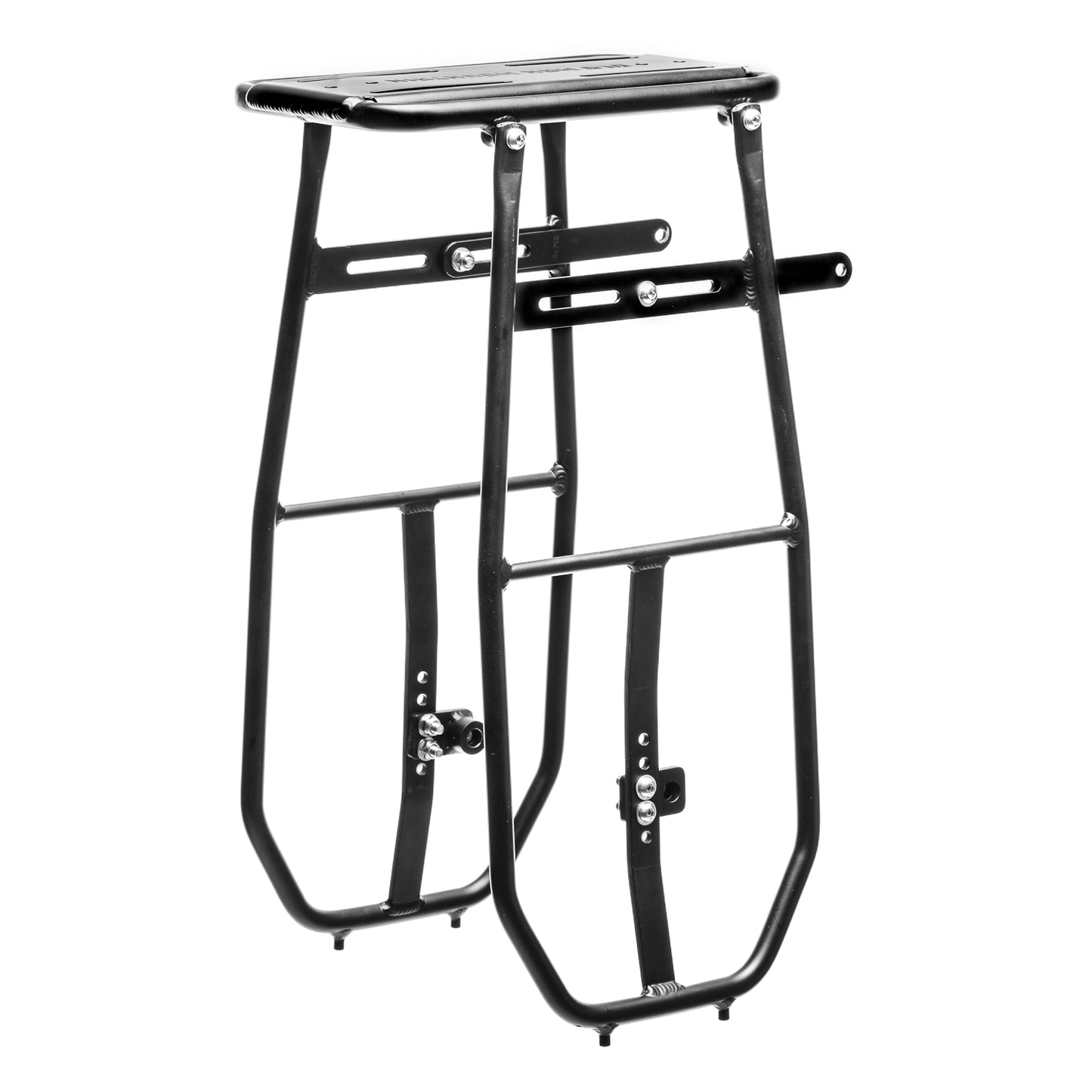 Old Man Mountain Impala Lowrider front bicycle rack with extra-low pannier rails, aluminum cargo deck and adjustable fit for wheels up to 29". Designed for bikepacking, adventures and cargo.