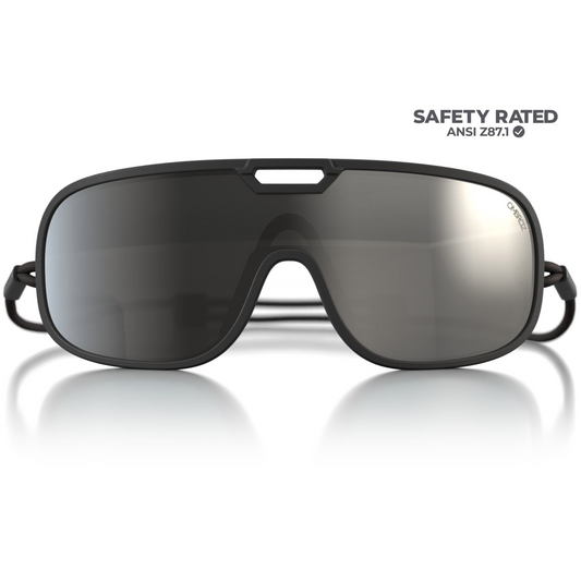 Ombraz Refugio Armless Sunglasses in Charcoal Frame Colour with Grey with Silver Mirror Lens