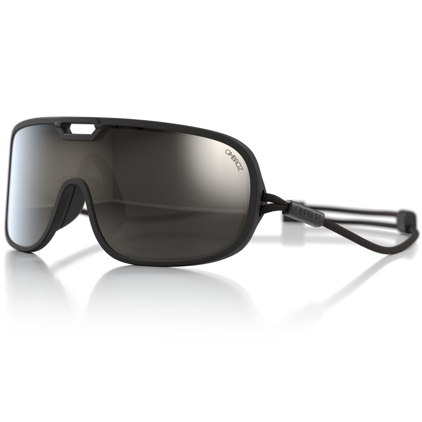 Ombraz Refugio Armless Sunglasses in Charcoal Frame Colour with Grey with Silver Mirror Lens angled view