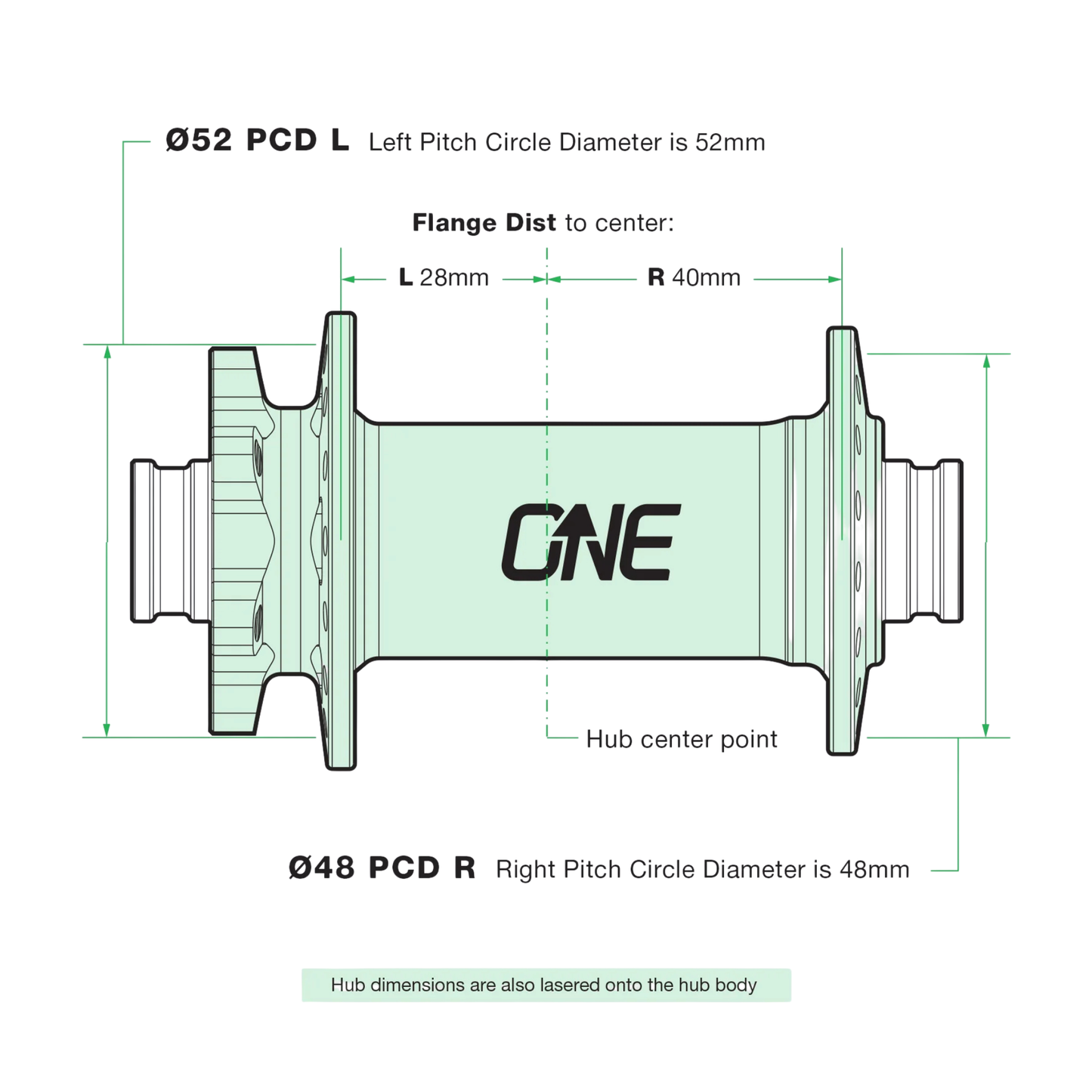 Technical diagram of a OneUp front hub boost with dimensions labeled