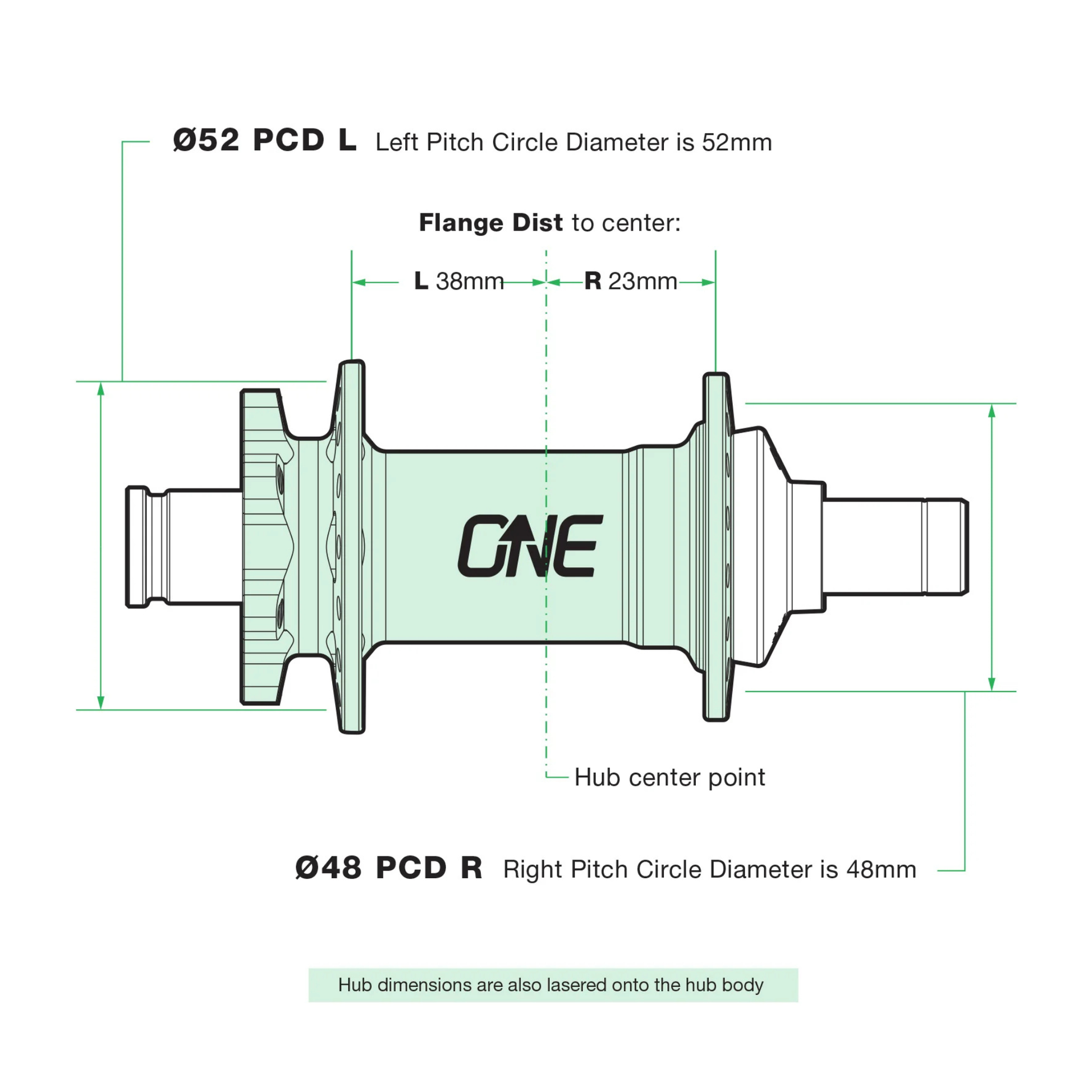 Technical diagram of a OneUp rear hub boost with dimensions labeled