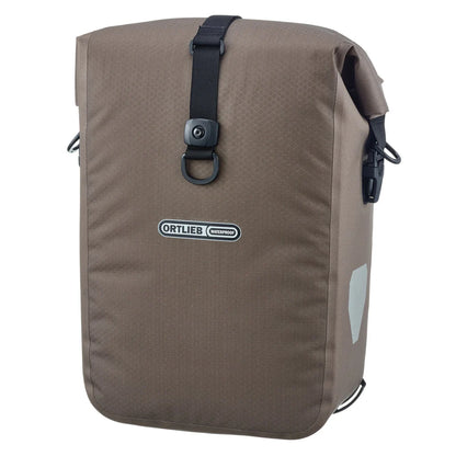 Ortlieb Gravel Pack 14.5L QL2.2 pannier Dark Sand closed and loaded front view
