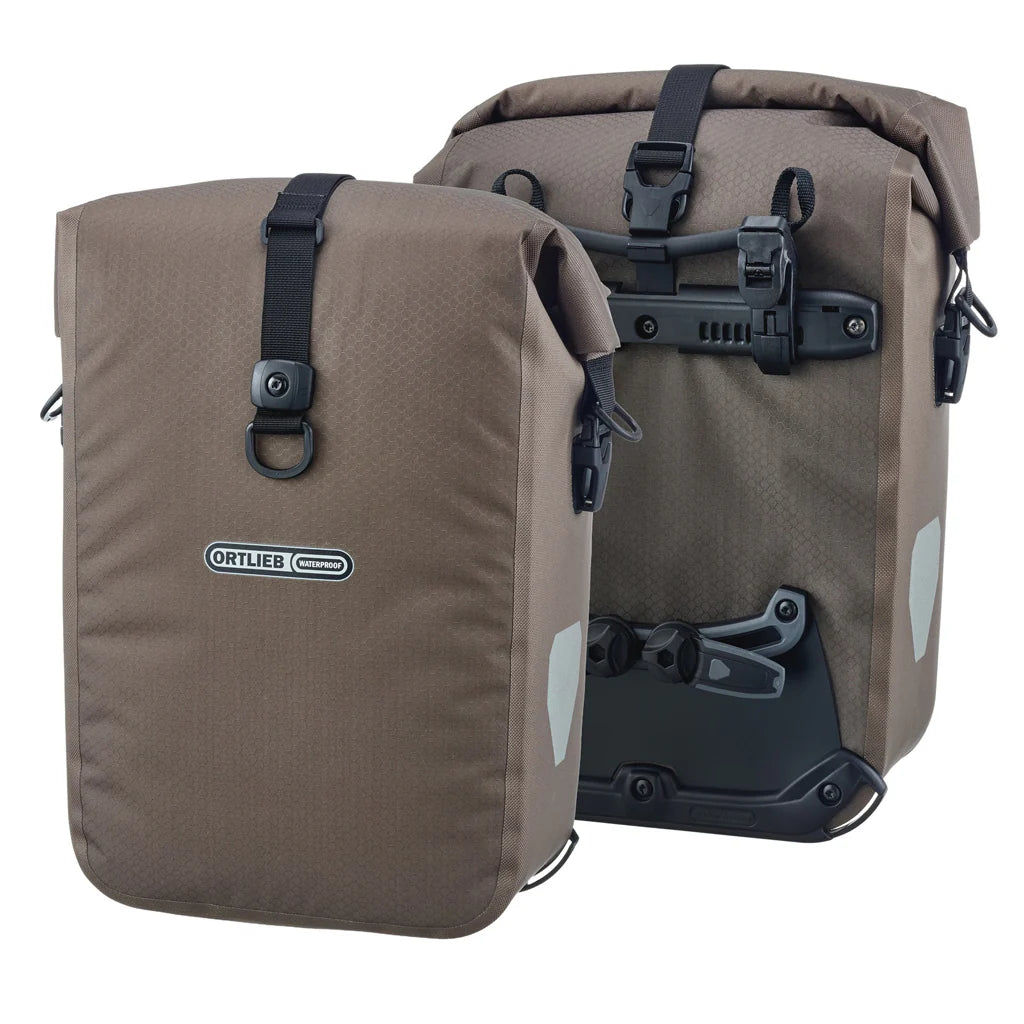 Ortlieb Gravel Pack QL2.2 panniers Dark Sand next to each other