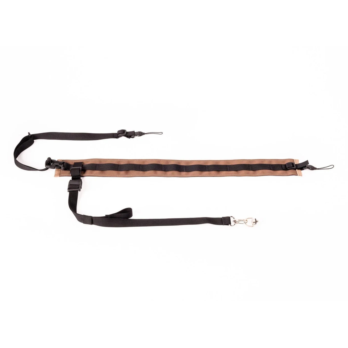 Outer Shell camera strap brown wide open on a white background
