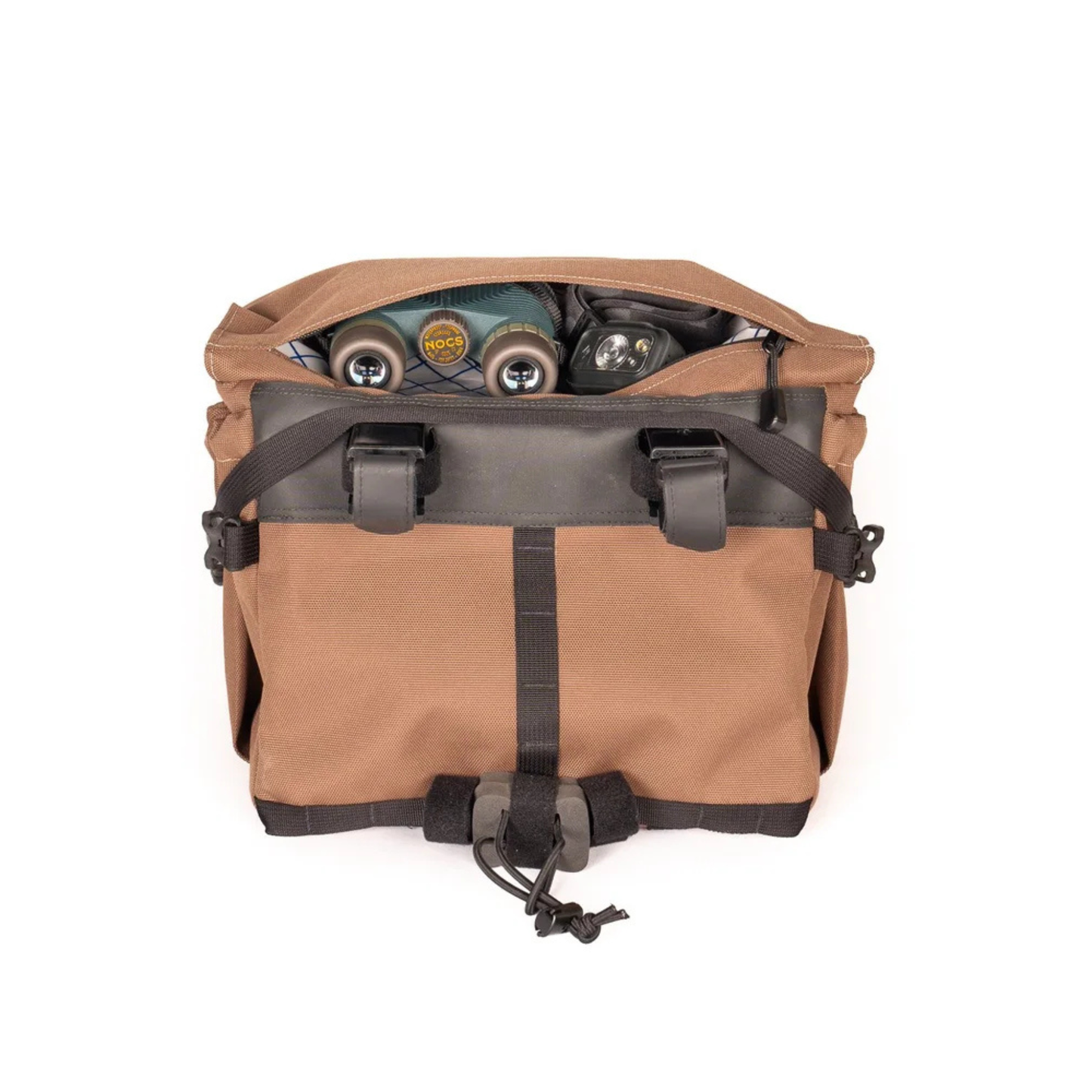 Outer Shell handlebar bag back view with the top pocket open