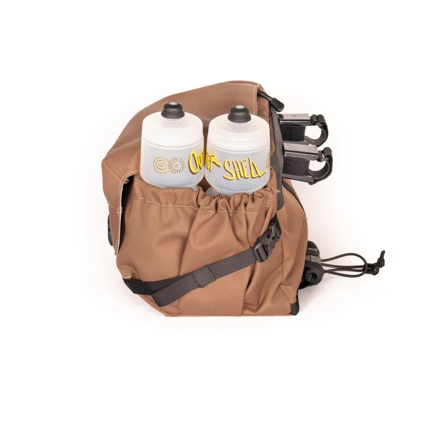 Outer Shell handlebar bag left view with two water bottles 