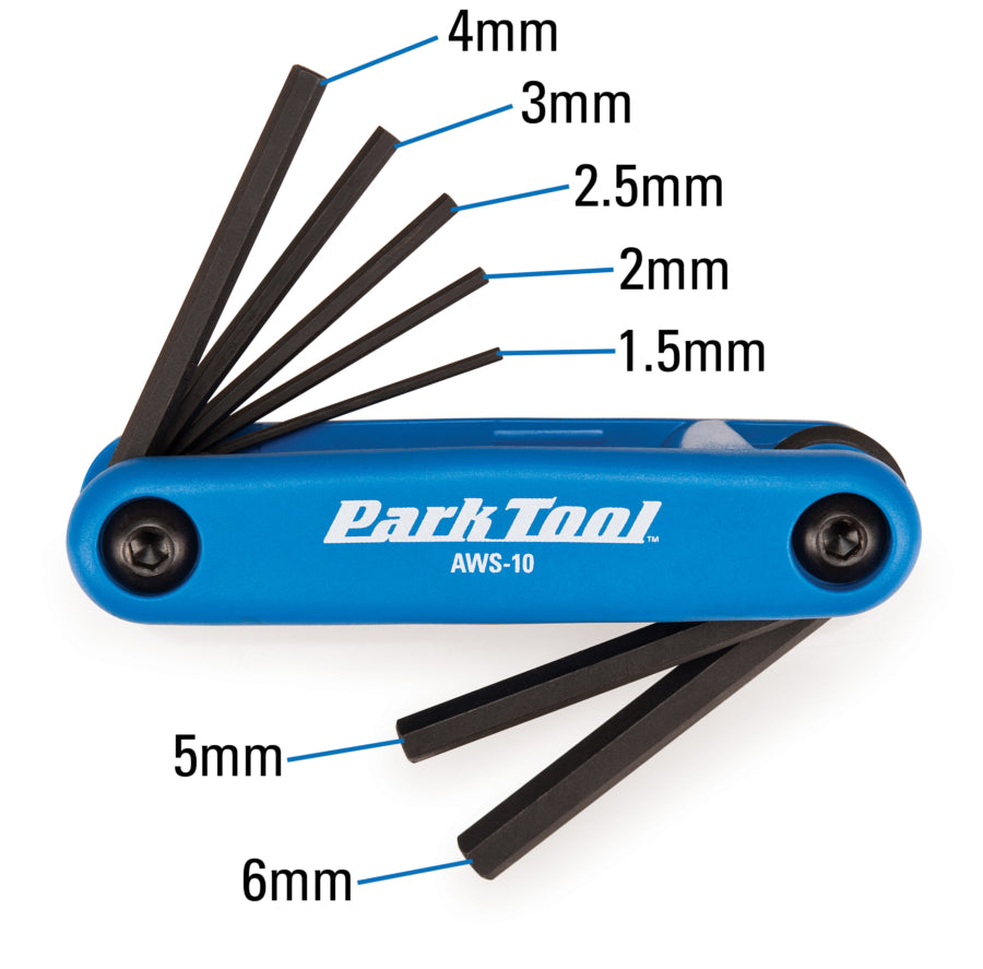 Park Tool AWS-10 fold up hex wrench set with the sizes detail in the tips 